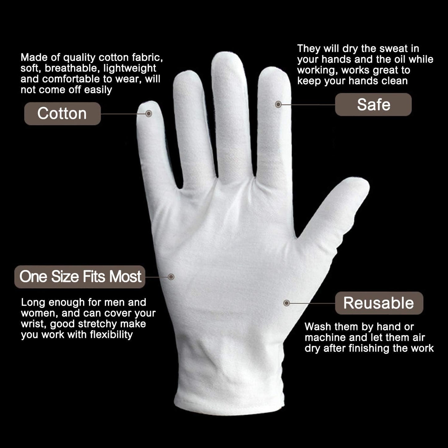 24pcs Unisex Soft White Cotton Gloves for Eczema, Moisturizing Dry Hands, Inspection (Large)