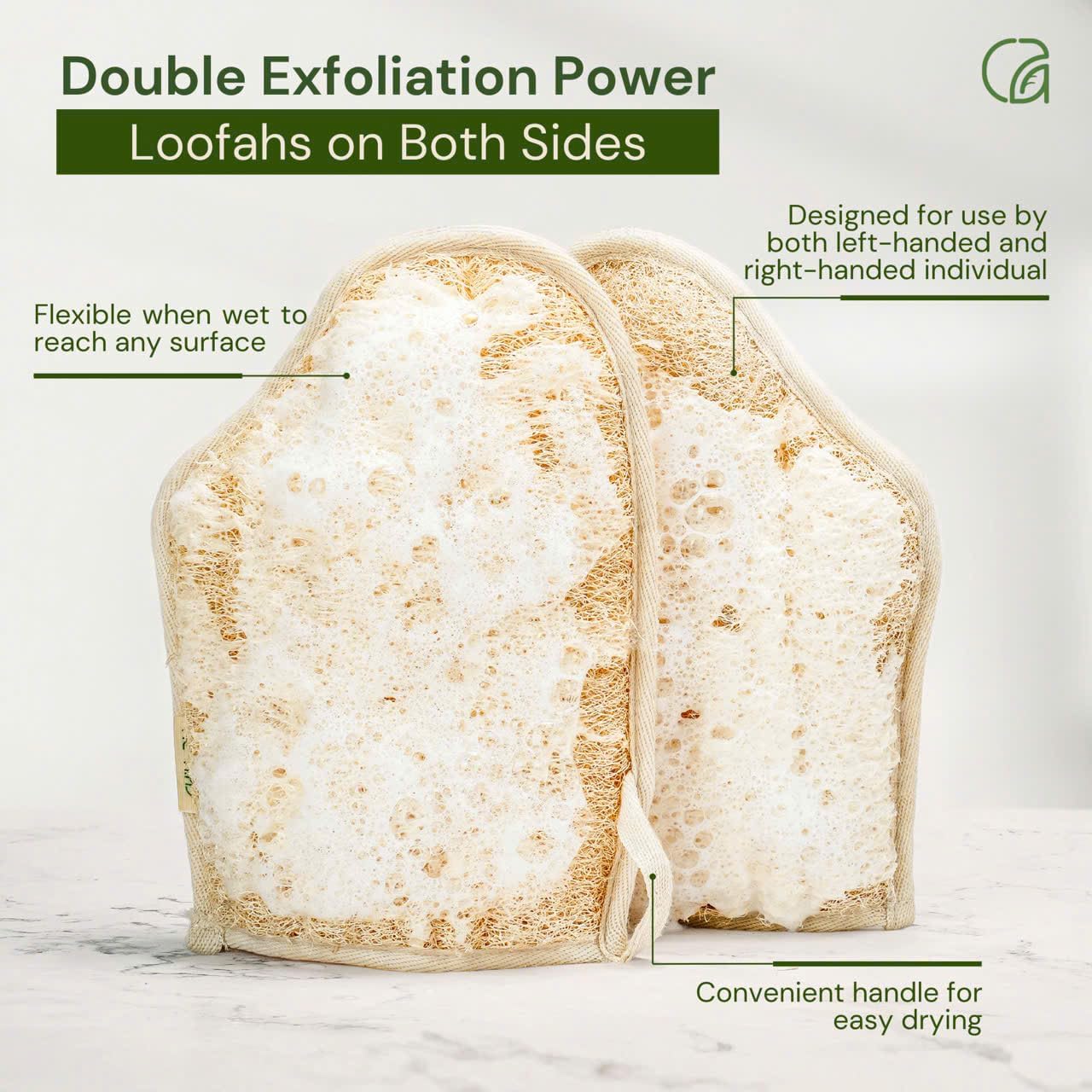 Chill Ah Green Glow Dual-Sided Loofah Bath Mitts (2-Pack) – 100% Plant-Based, Dye-Free, Biodegradable, Handcrafted in Vietnam – Natural Exfoliating Gloves for Glowing Skin