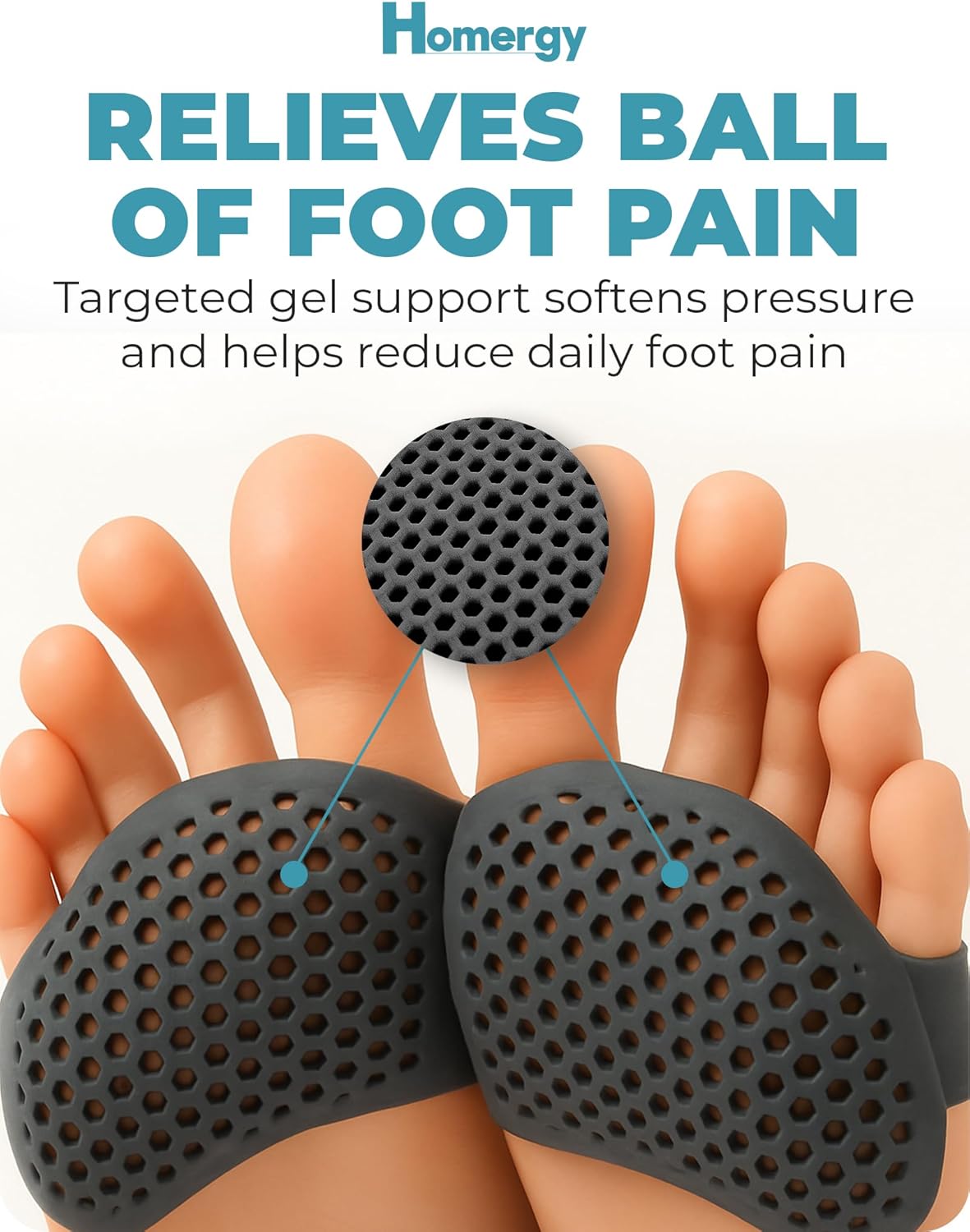 Homergy Metatarsal Foot Pads - Soft Gel Ball of Foot Cushions for Pain Relief, Ultra-Thin Sleeve Design, Stays in Place, Breathable & Reusable - Fits Heels, Flats, Sneakers (4 Pads / 2 Pairs)
