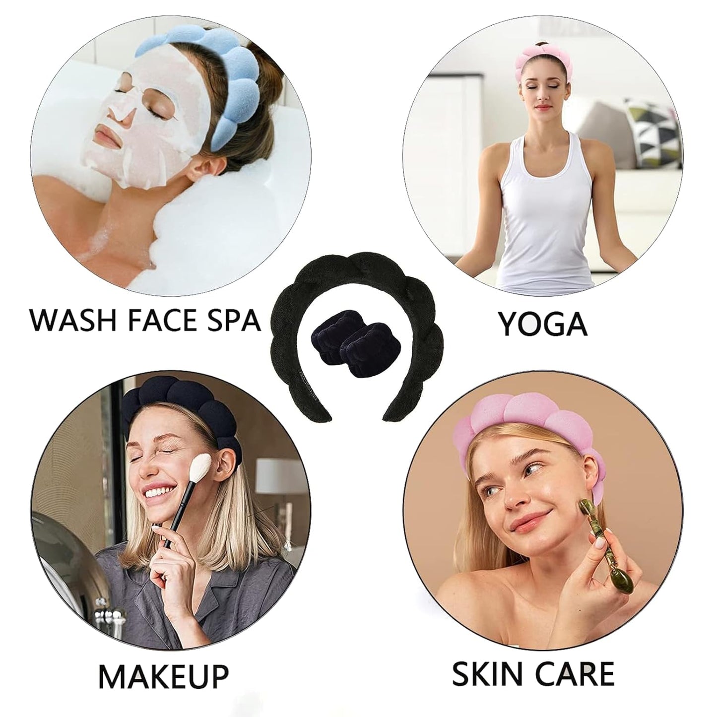Spa Headband and Wristband Set for Women,Terry Cloth Sponge Headband for Washing Face,Makeup,Facial Mask and Skincare (Black,Pink, One Size)