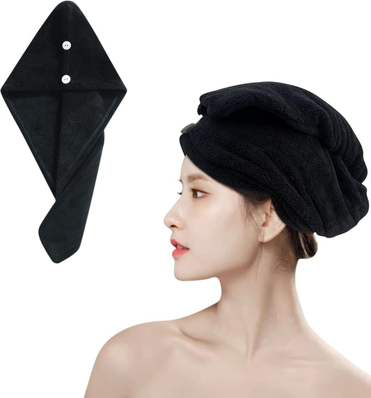1 Pack Microfiber Hair Towel,Quick Dry Hair Towel Wrap Turbie for Women Kids,Super Absorbent Fast Head Wraps Drying Towel with Button for Wet Curly Hair(Black 25.6x9.8 Inch)