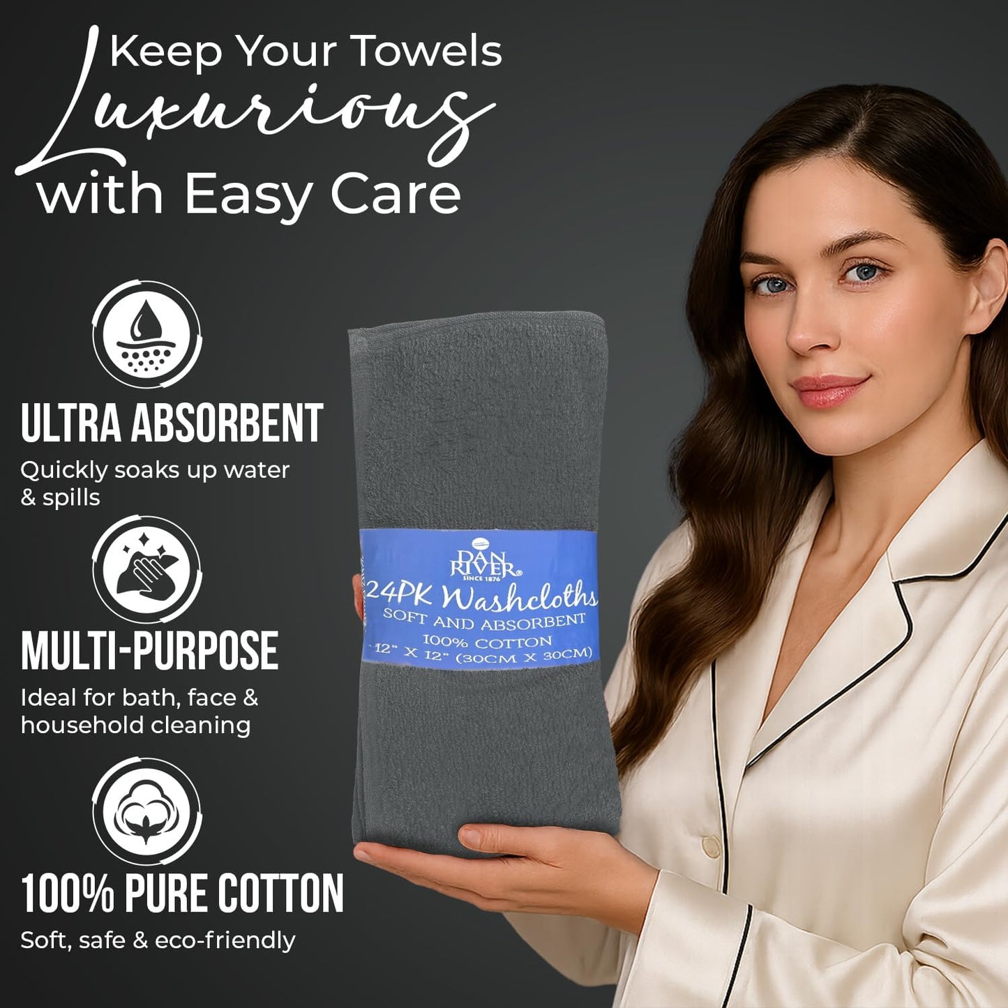 DAN RIVER 100% Cotton Wash Cloths 24 Pack [12x12] Soft & Absorbent face wash Cloth, Gym, Hotels & Spa Perfect for Everyday Use Fingertip Towels, Gray