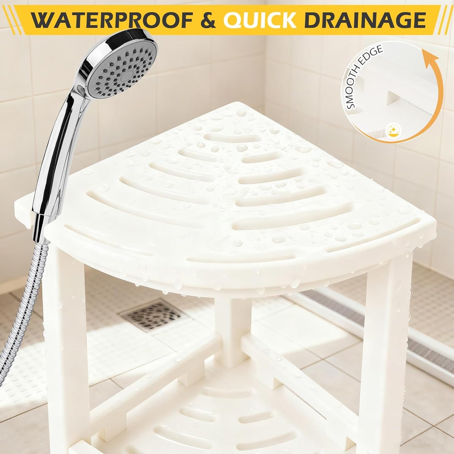 HDPE Corner Shower Stool for Shaving Legs, Waterproof Shower Stool with Storage Shelf for Bathroom,White