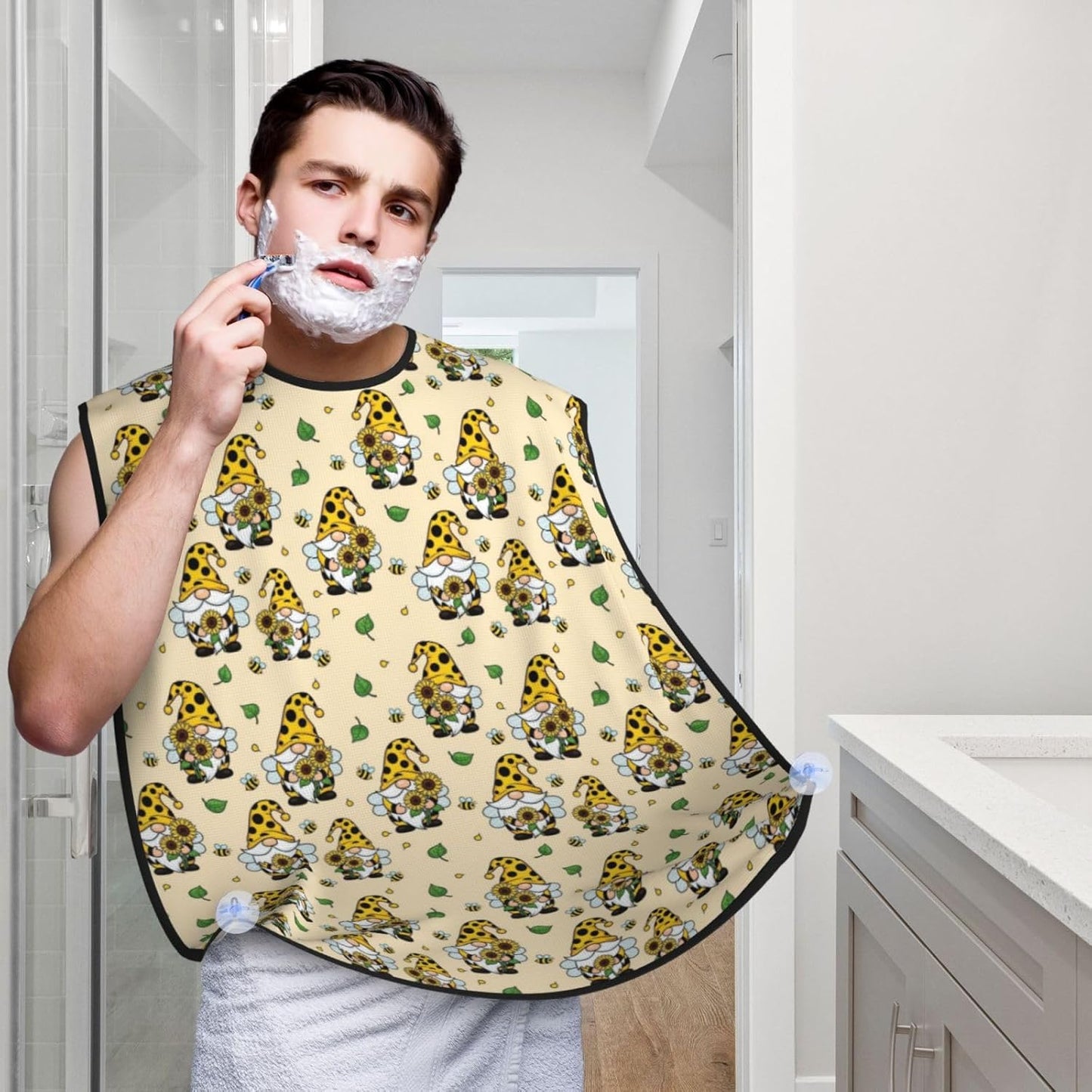 Waterproof Beard Trimming Bib, Non-Stick Hair Catcher for Men Shaving, Grooming Apron for Husband Dad, Gnomes Bees and Sunflowers Shave Bib