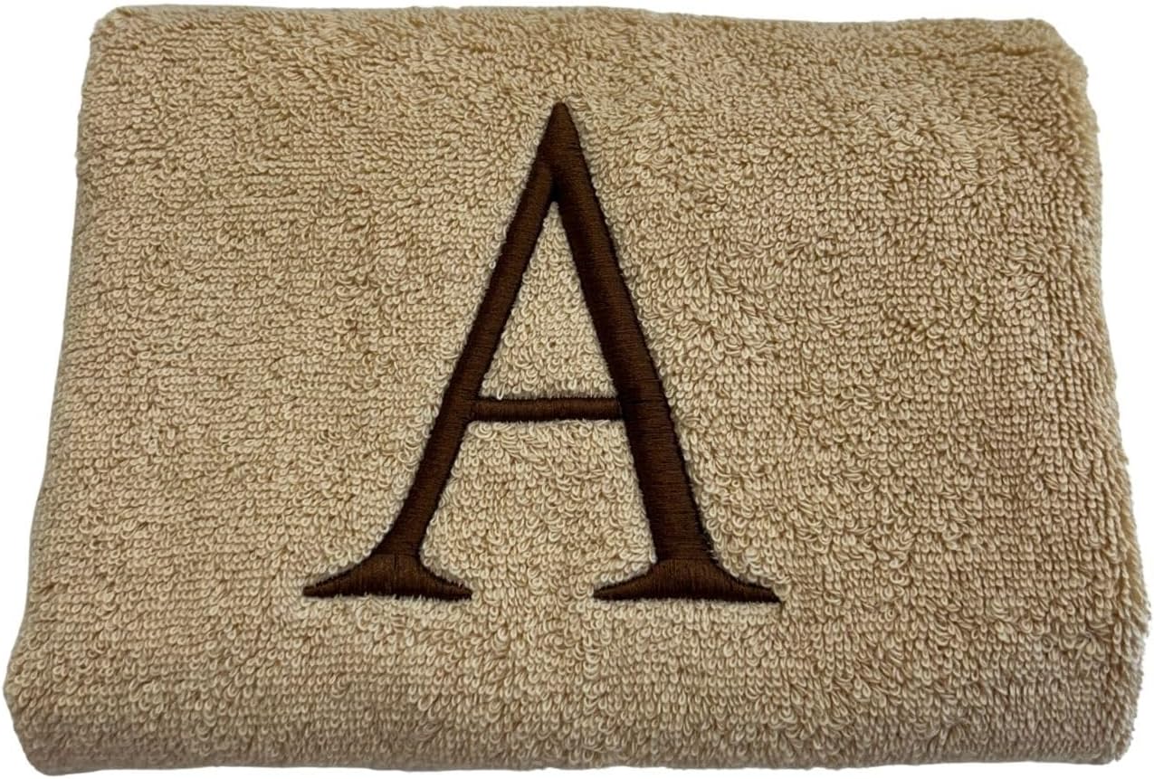 Beige Initial Hand Towel for Bathroom - Monogrammed Luxury Hotel Quality Decorative Embroidered Towel for Powder Room, Spa - GOTS Organic Certified - Set of 2 Brown Letter J