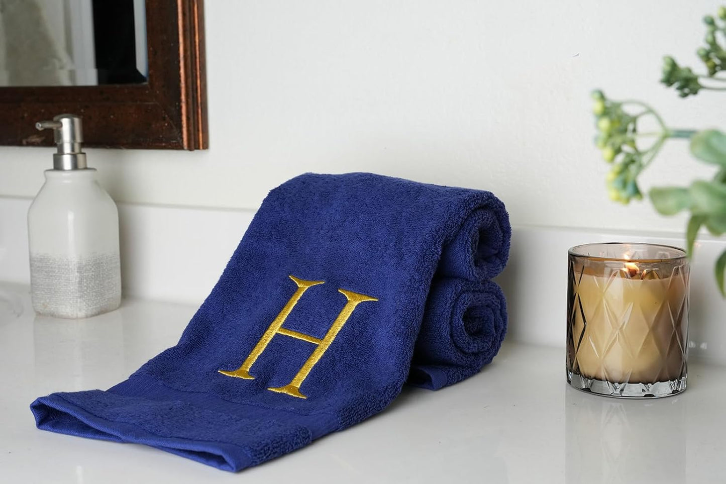 Gold and Navy Monogrammed Hand Towel - Monogram Initial Hotel Quality Decorative Embroidered Luxury Towel for Powder Room, Spa - GOTS Organic Certified - Pack of 2, Letter H