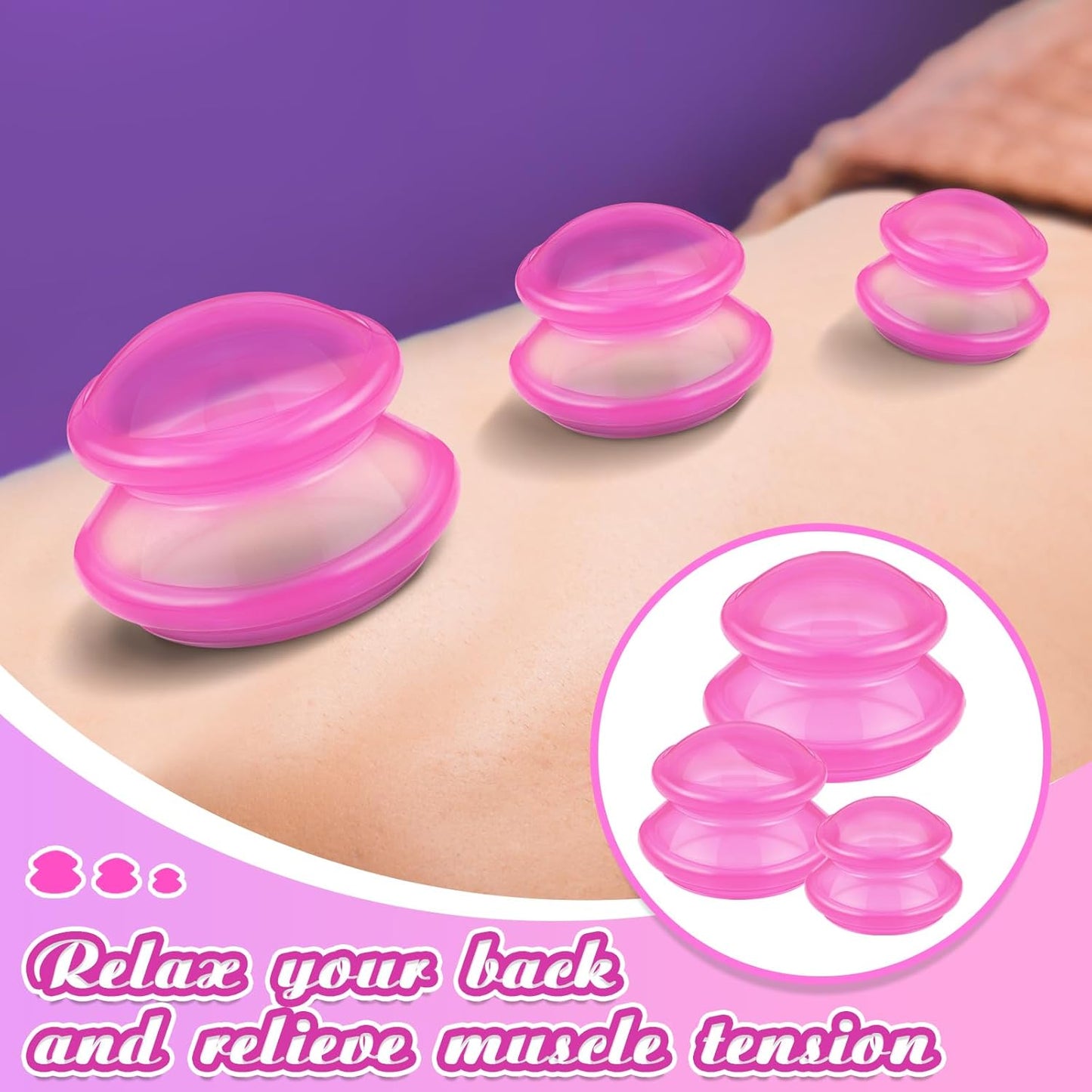 TrelaCo 6 Pcs Cupping Kit for Massage Therapy 3 Sizes Silicone Cupping Set Chinese Massage Therapy for Studio Household Cellulite Joint Pain Muscle Pain(Clear Hot Pink)