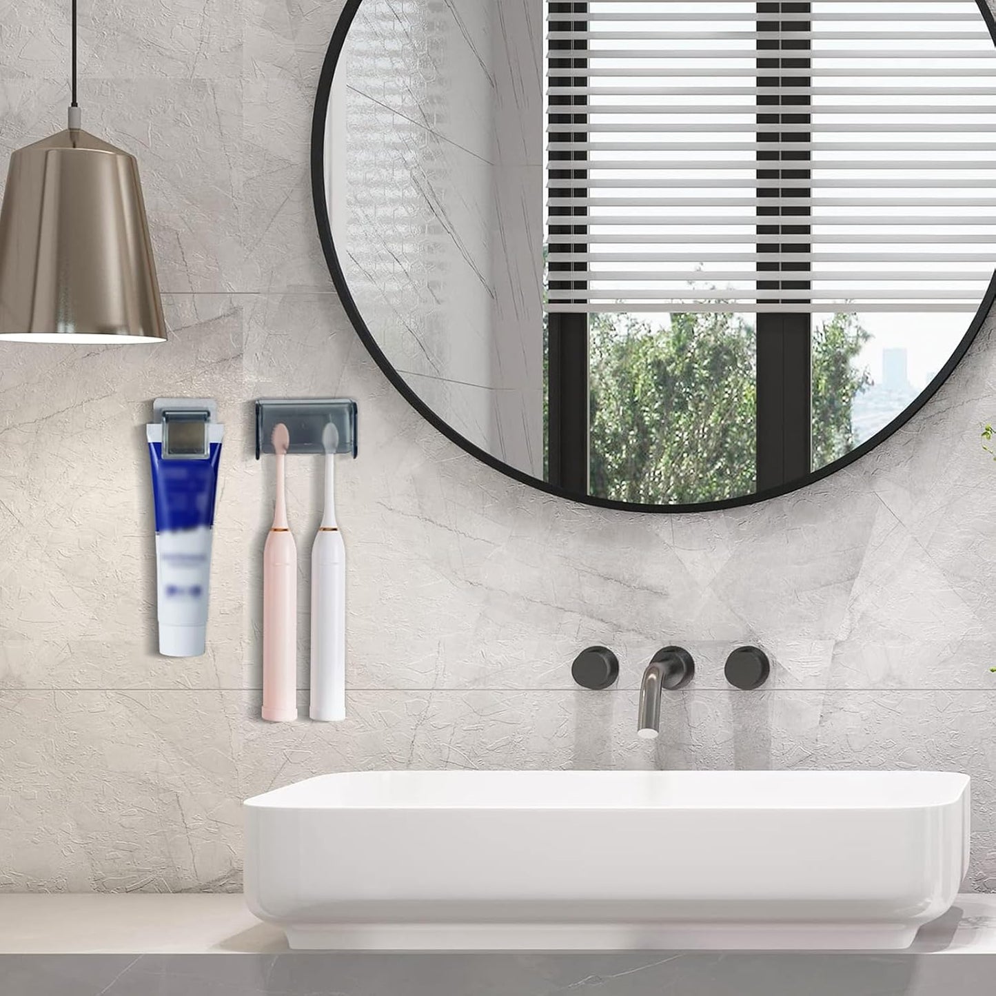 Wall-Mounted Toothbrush Holder with Cover, 2-Slot Organizer with Toothpaste Clip for Bathroom, Shower (Clear Combination 1)