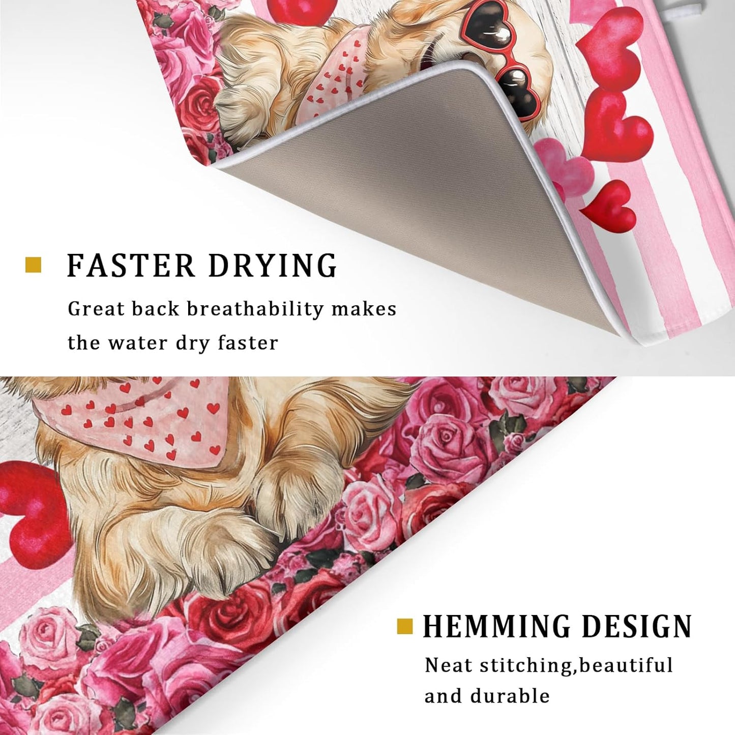 Valentine's Day Dog Dish Drying Mat for Kitchen Counter 18x24 inch Heart Rose Absorbent Dish Drainer Rack Mats for Coffee Bar Countertop