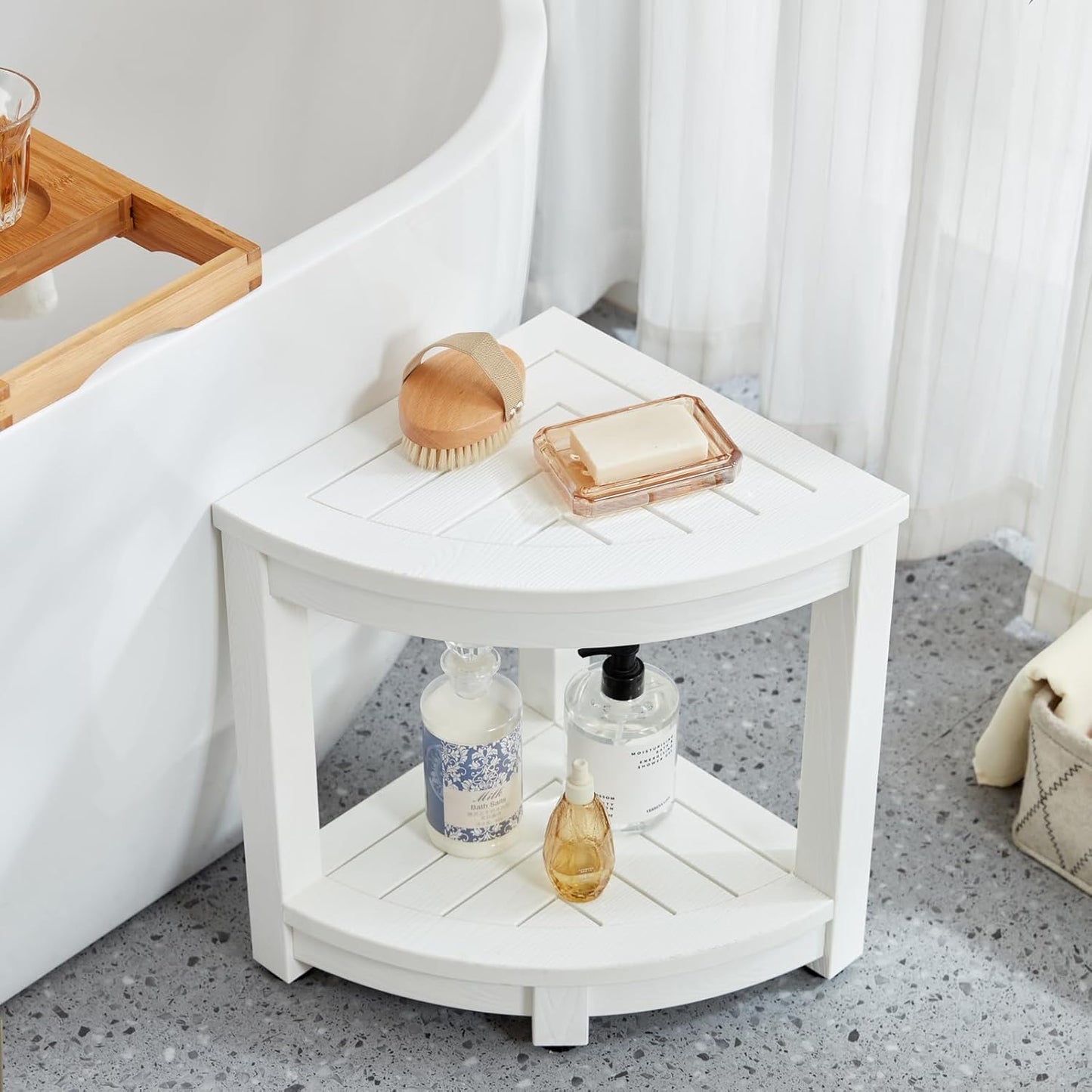 Corner Shower Stool for Inside Shower Waterproof, Poly Lumber Bathroom Shower Corner Bench Seat, Plastic Shower Chair Seat, Shower Shaving Foot Rest with Adjustable Feet, Non-Slip, White