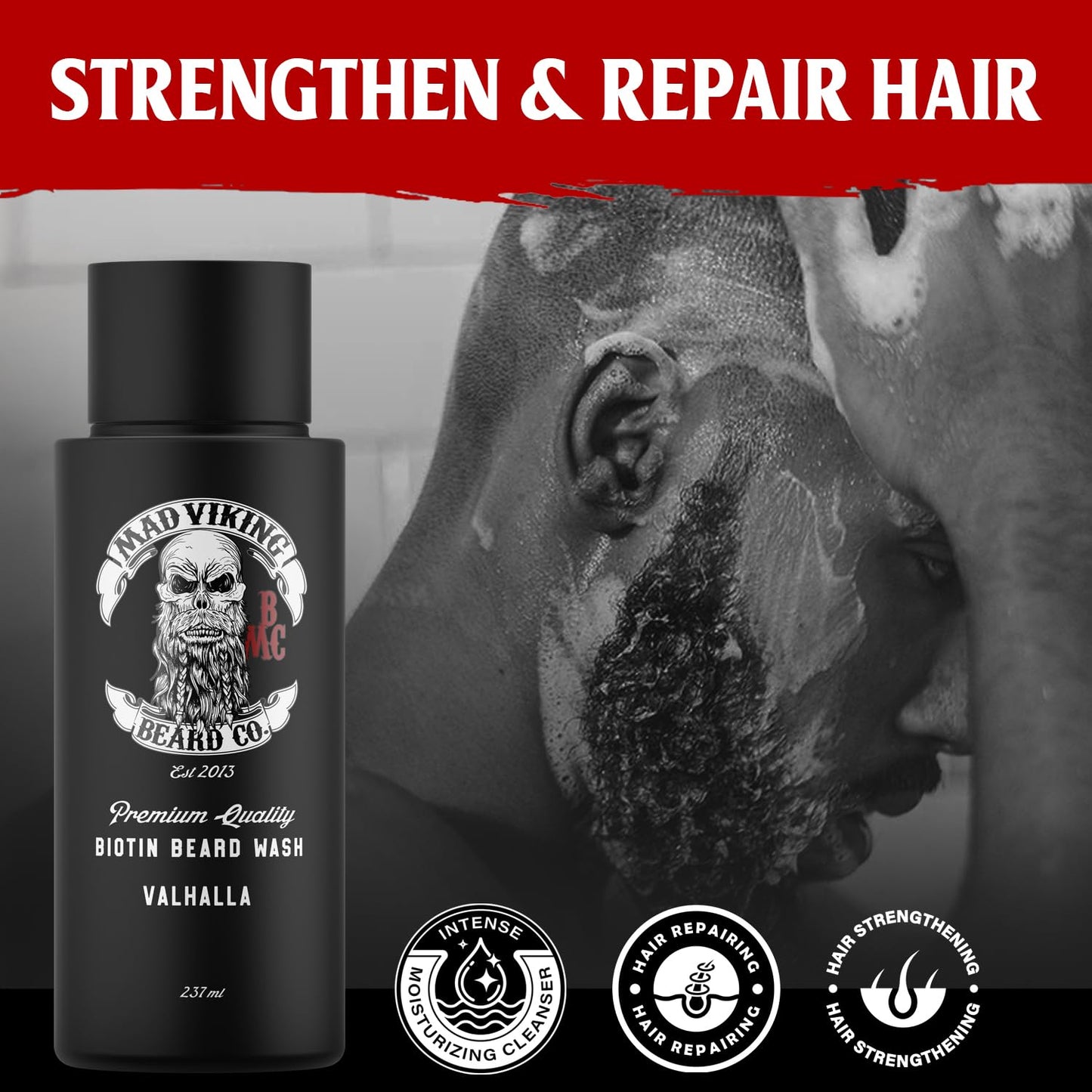 Mad Viking Valhalla Biotin Beard Wash – Deep Moisturizing Cleanse - Grow a Healthy Beard - Made with Premium Ingredients to Fight Itch and Dandruff - Sandalwood & Vanilla Scent, Made in the USA - 8oz