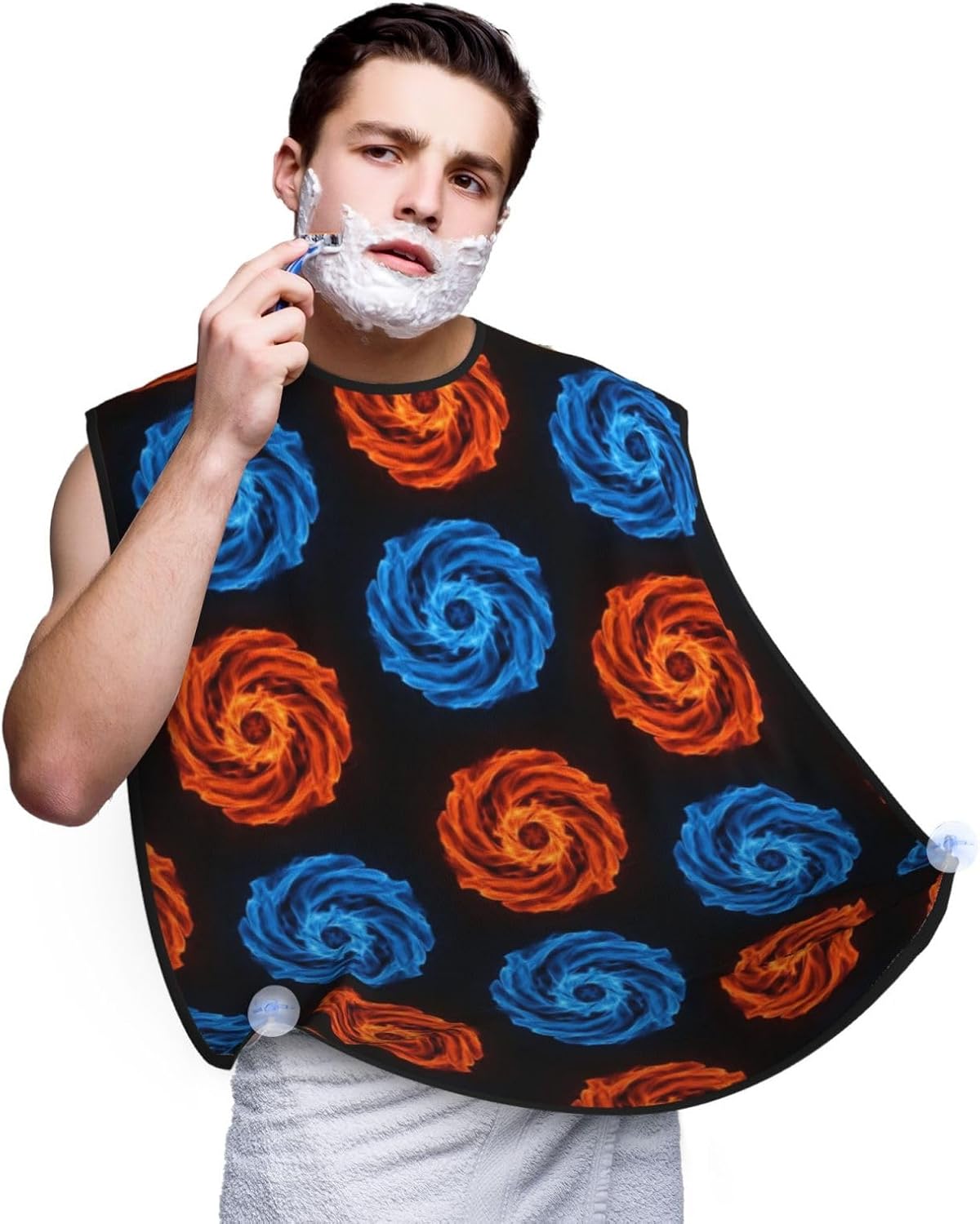 Beard Bib with 3 Suction Cups, Non-Stick Waterproof Hair Catcher Apron, Men's Shaving Essential for Grooming, Ice Water Blue Fire Flame Shave Bib