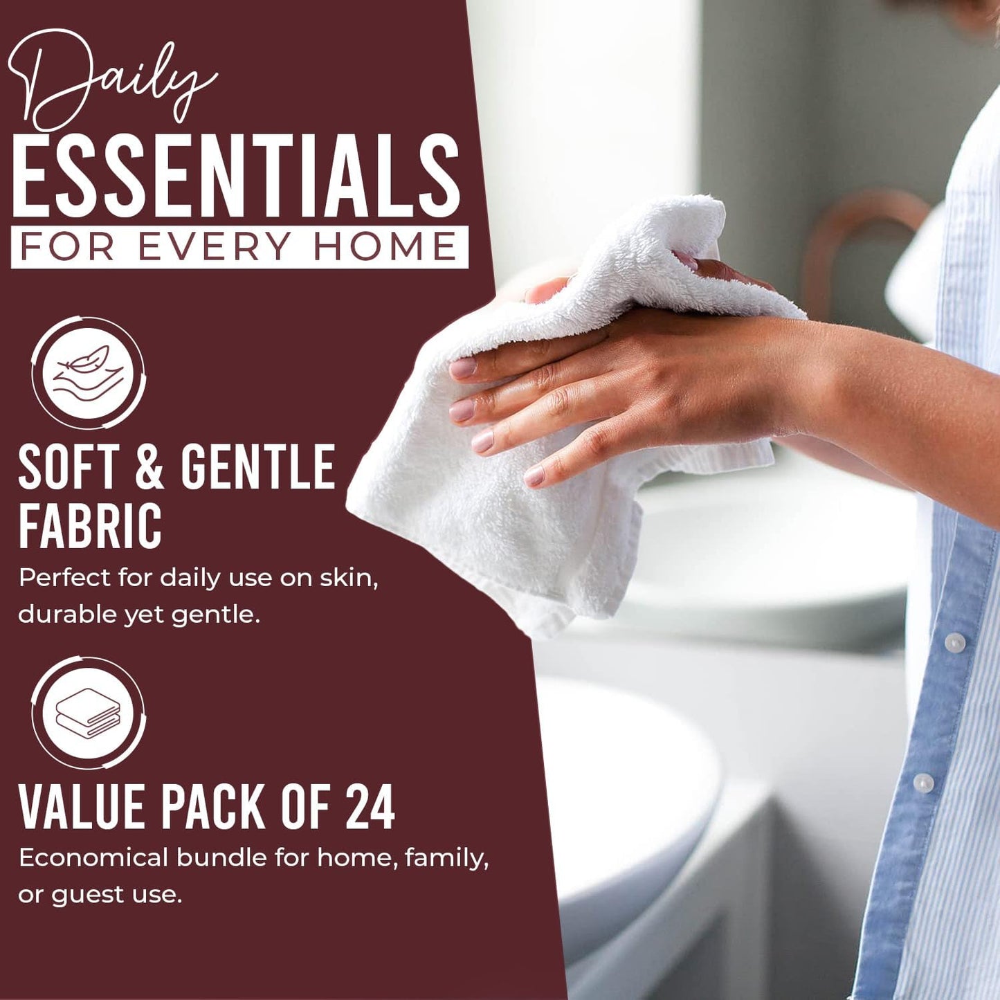 DAN RIVER 100% Cotton Wash Cloths 24 Pack [12x12] Soft & Absorbent wash Cloths for Your face, Gym, Hotels & Spa Perfect for Everyday Use Fingertip Towels, Pomegranate