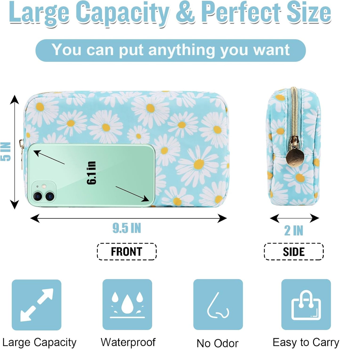 Nylon Small Floral Makeup Bag for Purse, Cute Preppy Travel Makeup Bag Flower Cosmetic Zipper Pouch Purse, Waterproof Portable Toiletry Makeup Brush Bag Clutch Organizer Storage for Women(Blue-Daisy)