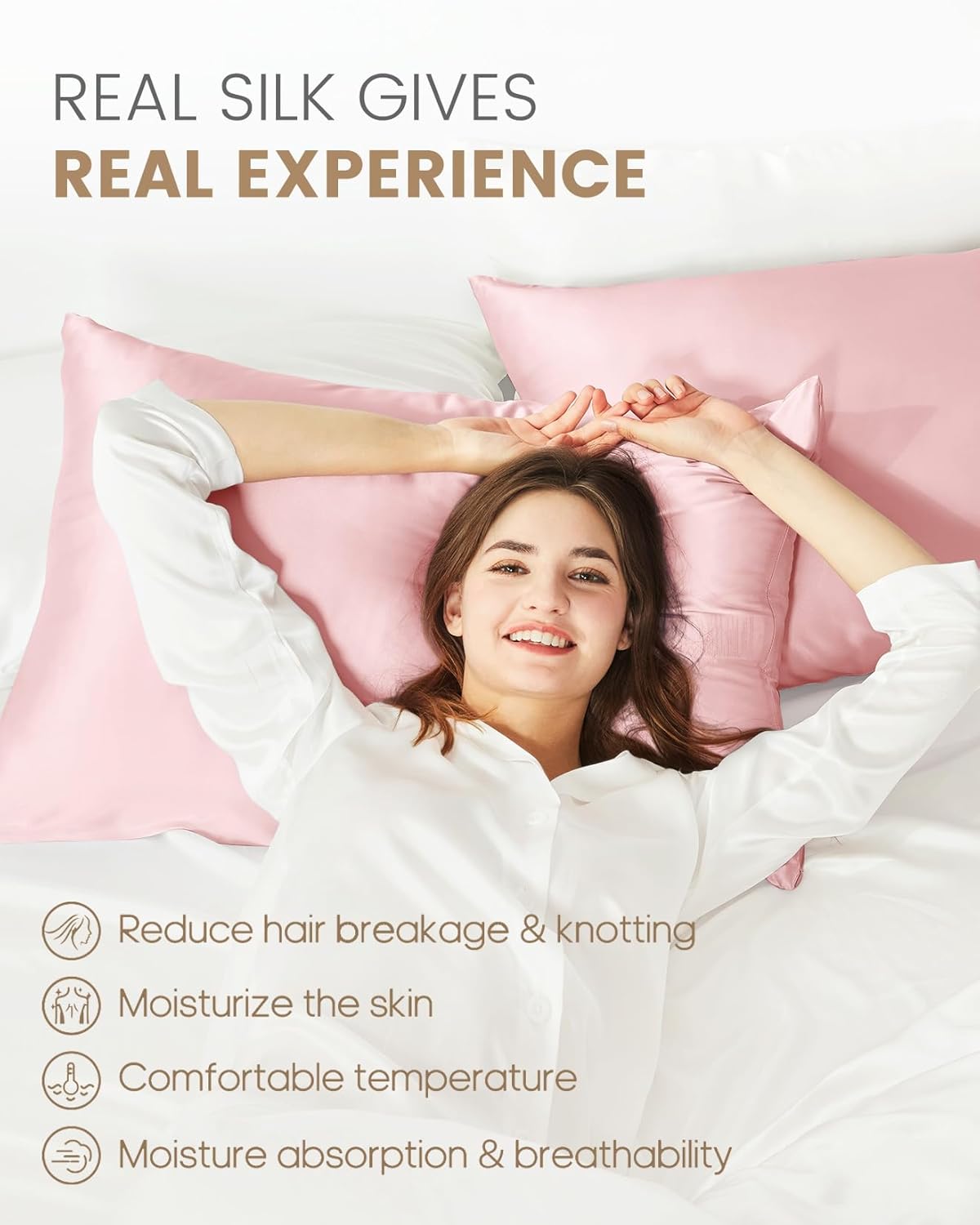 THXSILK 100% Mulberry Silk Pillowcase for Hair and Skin, Concealed Zipper, Both Sides Grade 6A+ Silk, Organic Silk Pillowcase Standard Size 20x26 inches, 1PC, Light Pink