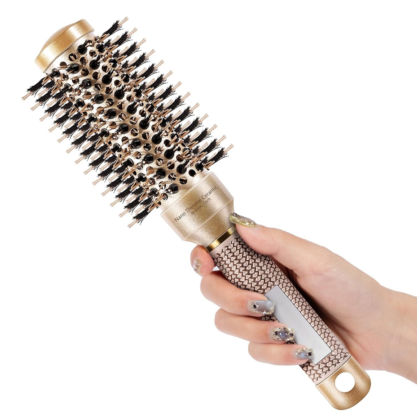Round Hair Brush for Blow Out, Nano Thermal Ceramic & Ionic Tech, 1.3 inch Barrel, Boar Bristles, Roller Brush for Blow Drying and Styling, Gold