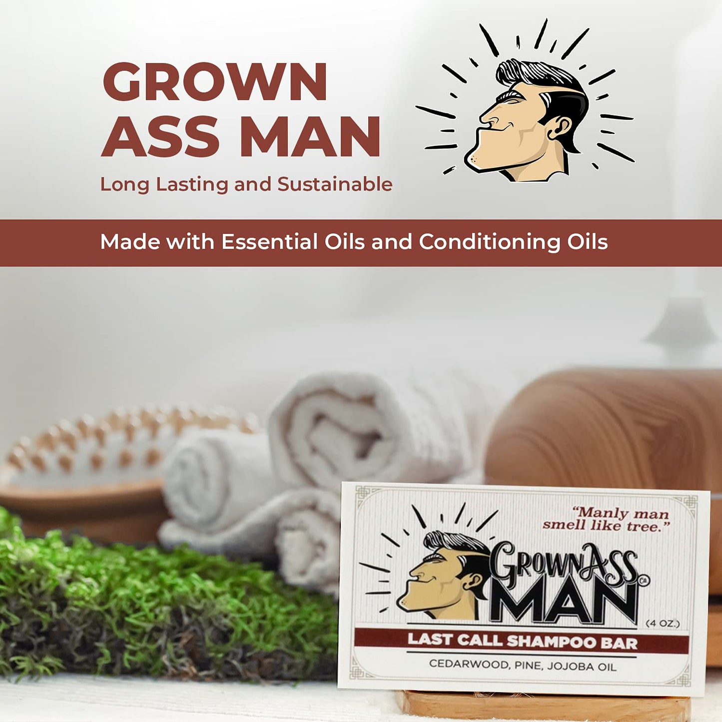 Grown Ass Man Co. - Solid Shampoo Bar Rich Lather 3 in 1: Hair, Beard & Body Wash - Plastic Free & Eco-Friendly, Natural & Organic Clean for All Hair Types, 4oz Bar (Last Call, 6-Pack)
