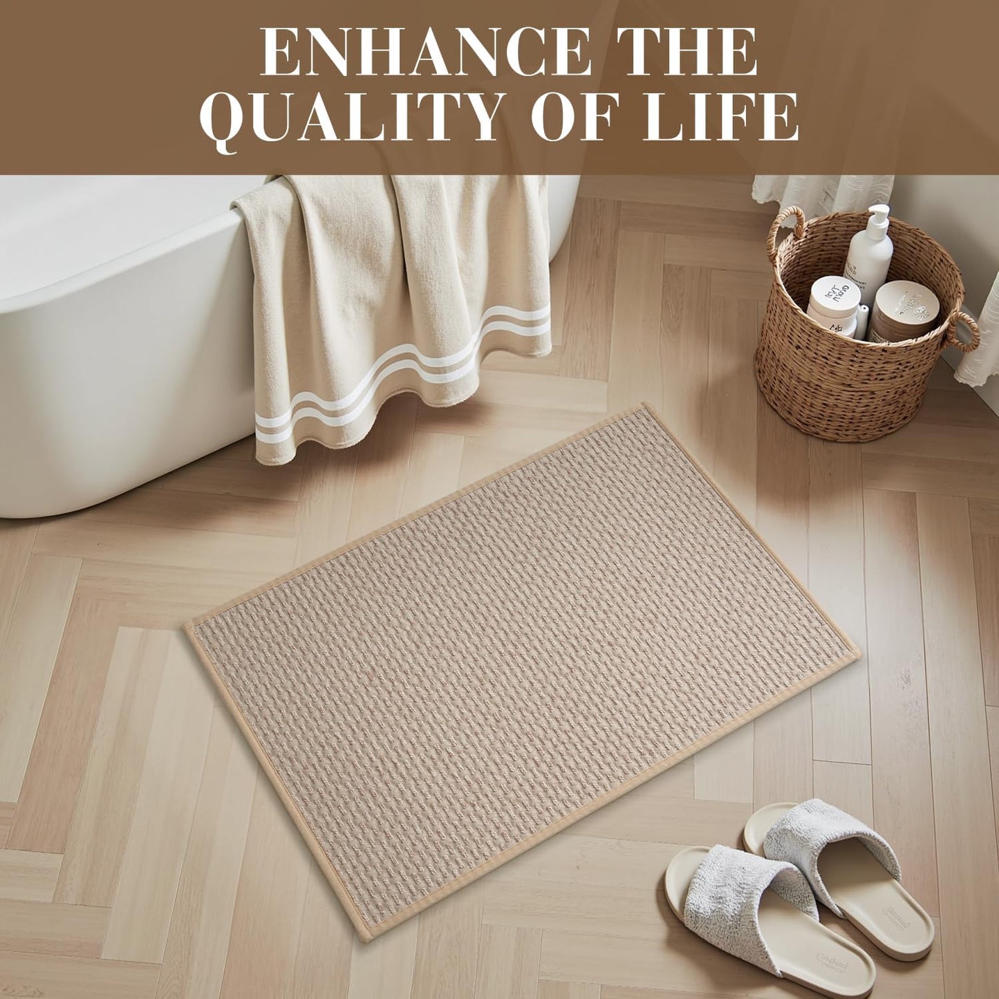 RESARE Non Slip Bath Mat - Machine Washable Bathroom Rug, Super Absorbent Quick Dry Bath Mat, Bath Rug Ultra Soft Rug for Bathroom Floor, 17"x24" Beige