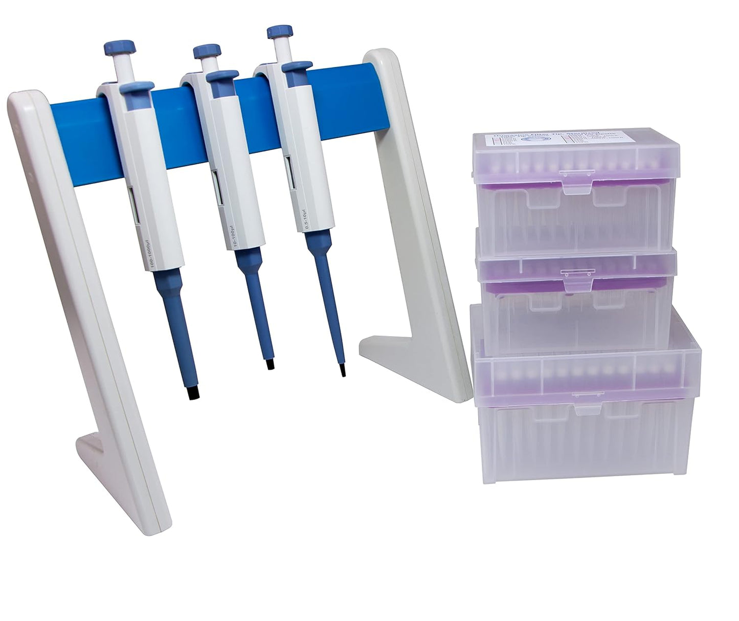 Micropipette kit, 0.5-10ul 10-100ul 100-1000ul, Adjustable Single Channel Pipette, 3 Pieces, Pipette Stand, 3 Racks of sterile Pipette Tips (SC Pipettors-3pcs-Set A)