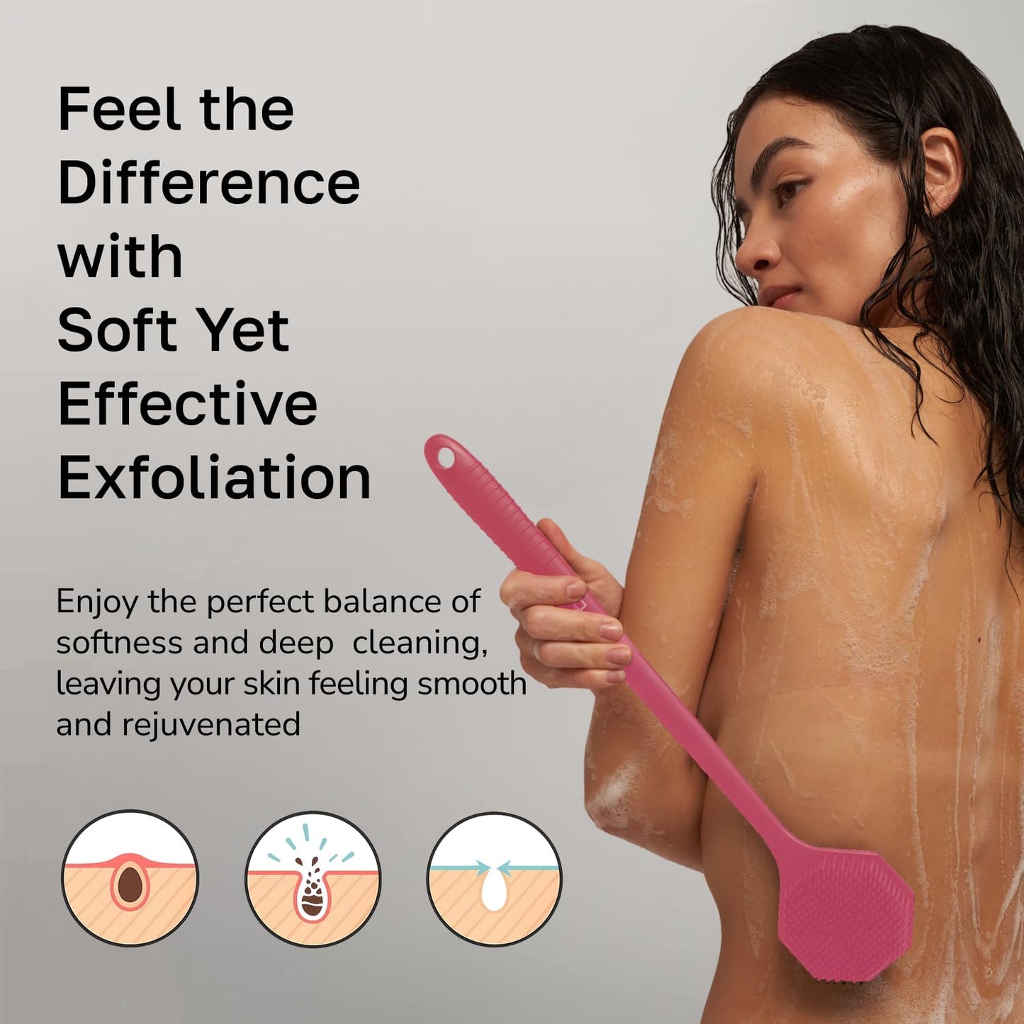 Silicone Back Scrubber with Long Handle - Octagon Body Brush for Shower, Bath, and Exfoliating - Skin Cleansing, Back Scrub and Gentle Silicone Sponge - Wash Your Body with Easy Reach - Rose
