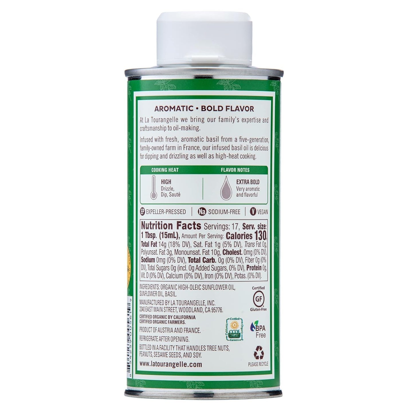 La Tourangelle, Basil Oil, Expeller-Pressed High-Oleic Oil, Great for Salads, Finishing Oil, Spread, Sauce, Dips, 8.45 fl oz (Pack of 2)