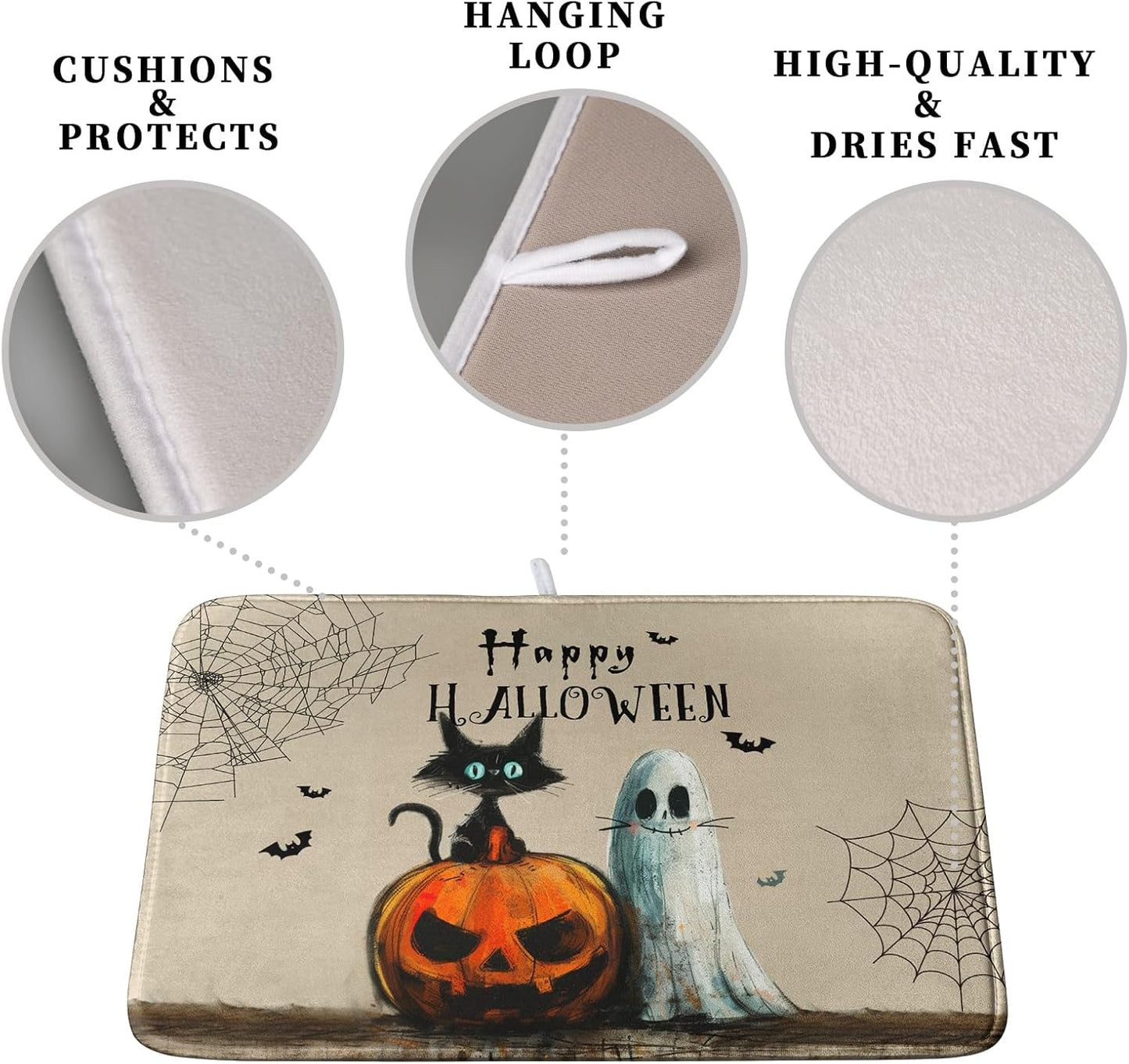 Happy Halloween Dish Drying Mat for Dishs 18x24 Inch Halloween Pumpkin Ghost Black Cat Kitchen Drying Mat Spooky Spiderweb Holiday Dish Drainer Mat Super Absorbent Dish Rack Pad for Coffee Bar Sinks