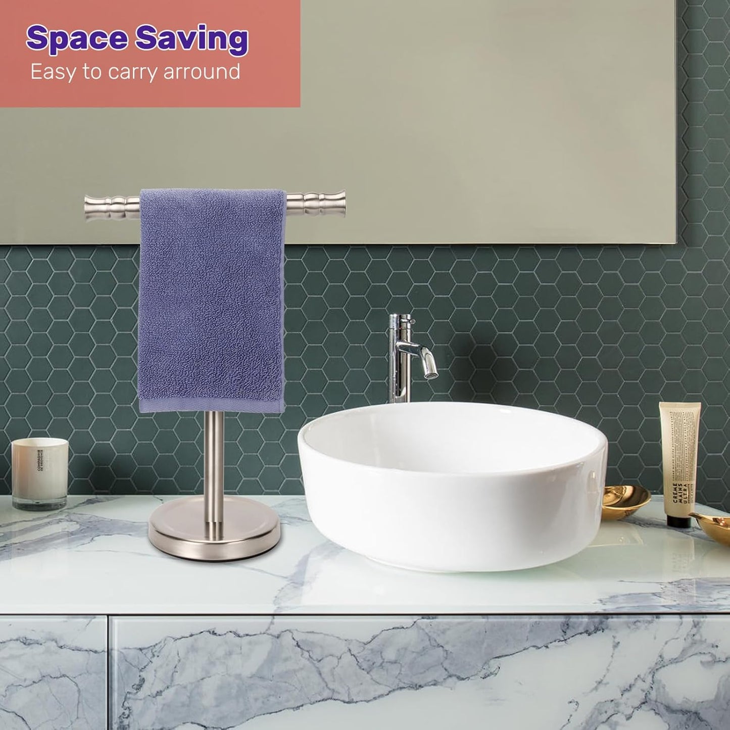 Hand Towel Holder Stand for Bathroom Vanity Countertop SUS304 Stainless Steel T-Shape Free Standing Towel Rack Stand Towel Bar for Bathroom Kitchen (Brushed Nickel)