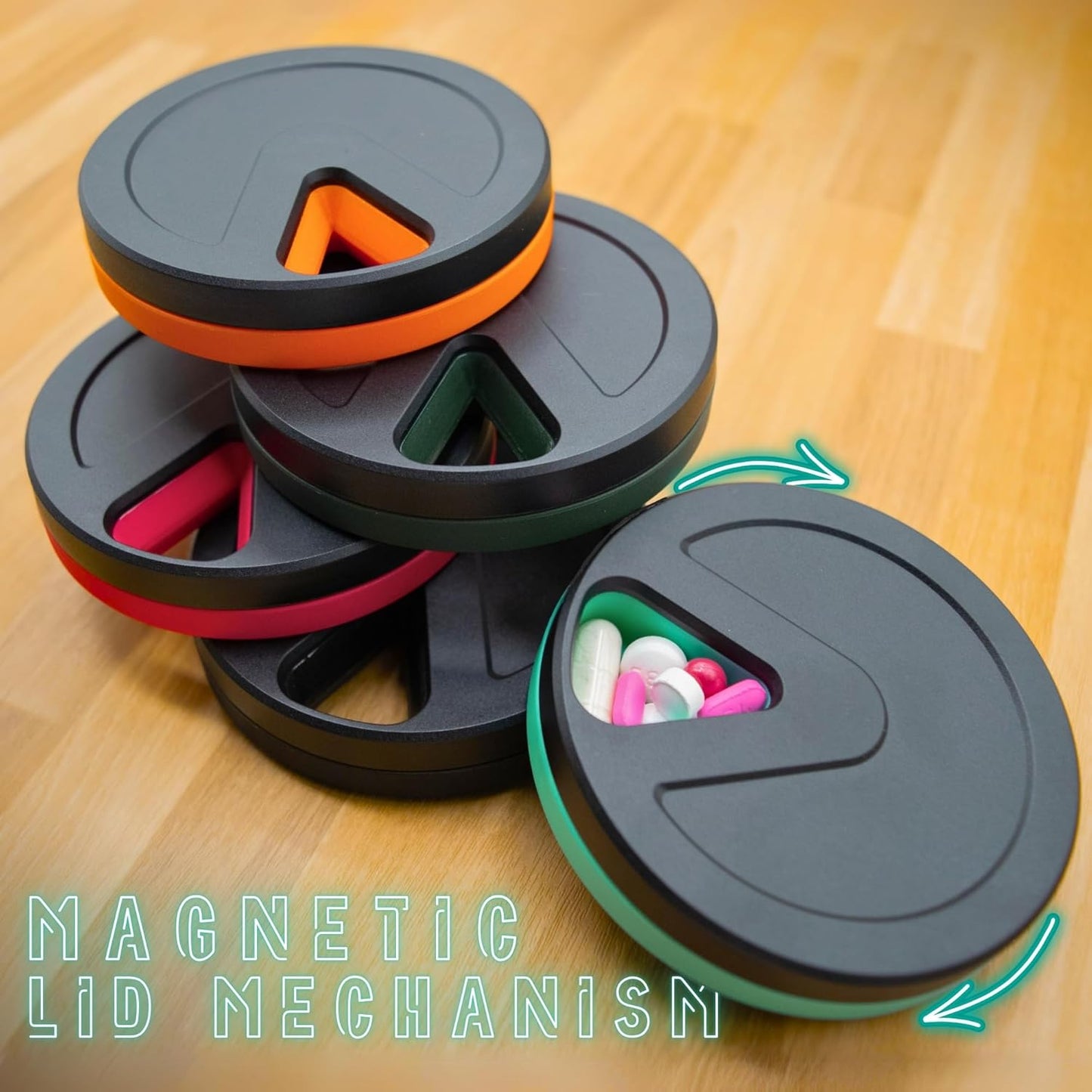 Travel RX Pill Case by Type Two Labs – Weekly 7 Day Pill Box, Compact Magnetic Organizer for Pills fits Purses or Pockets, Rugged Daily Caddy Holds Vitamins, Supplements, Medication. (PNW Green)