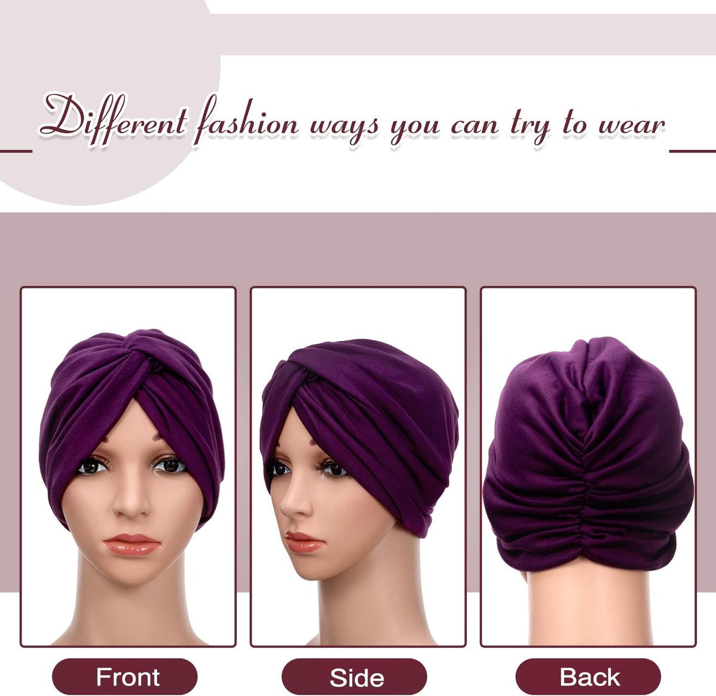 SATINIOR 4 Pieces Turbans for Women Soft Pre Tied Knot Fashion Pleated Cancer Turban Cap Chemo Headwrap Sleep Hat, 4 Colors