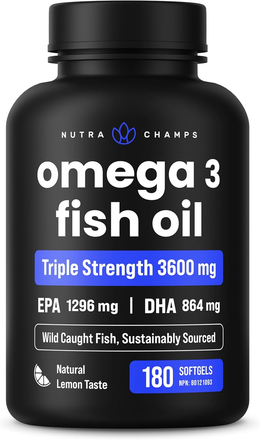 Triple Strength Omega 3 Fish Oil 3600 mg | EPA & DHA | 180 Softgels | Burpless Fish Oil Supplement, Wild Caught | Over 2100mg Omega-3 Fatty Acids Supplements | Natural Lemon Flavor Omegas 3 Pills