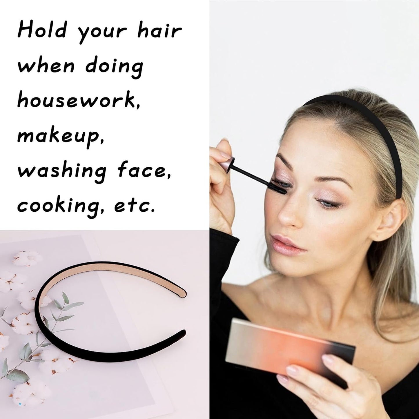 Wecoe Black Narrow Satin Headbands, 10pcs Non Slip Fashion Hair Bands for Women & Girls' Hair - Holiday & DIY Costume Accessories