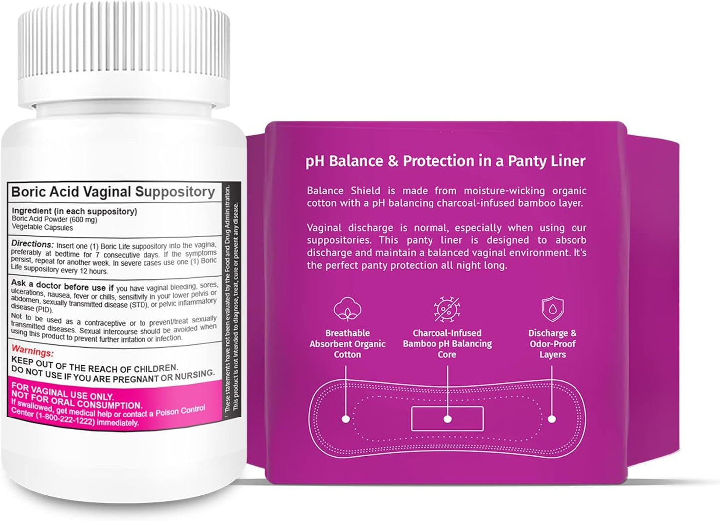 NutraBlast Boric Acid Vaginal Suppositories 600mg (30 Count) Bundle with Balance Shield Panty Liners (180mm, 20-Pack) | Discharge & Odor-Proof Layers | Charcoal-Infused Bamboo Balancing Core