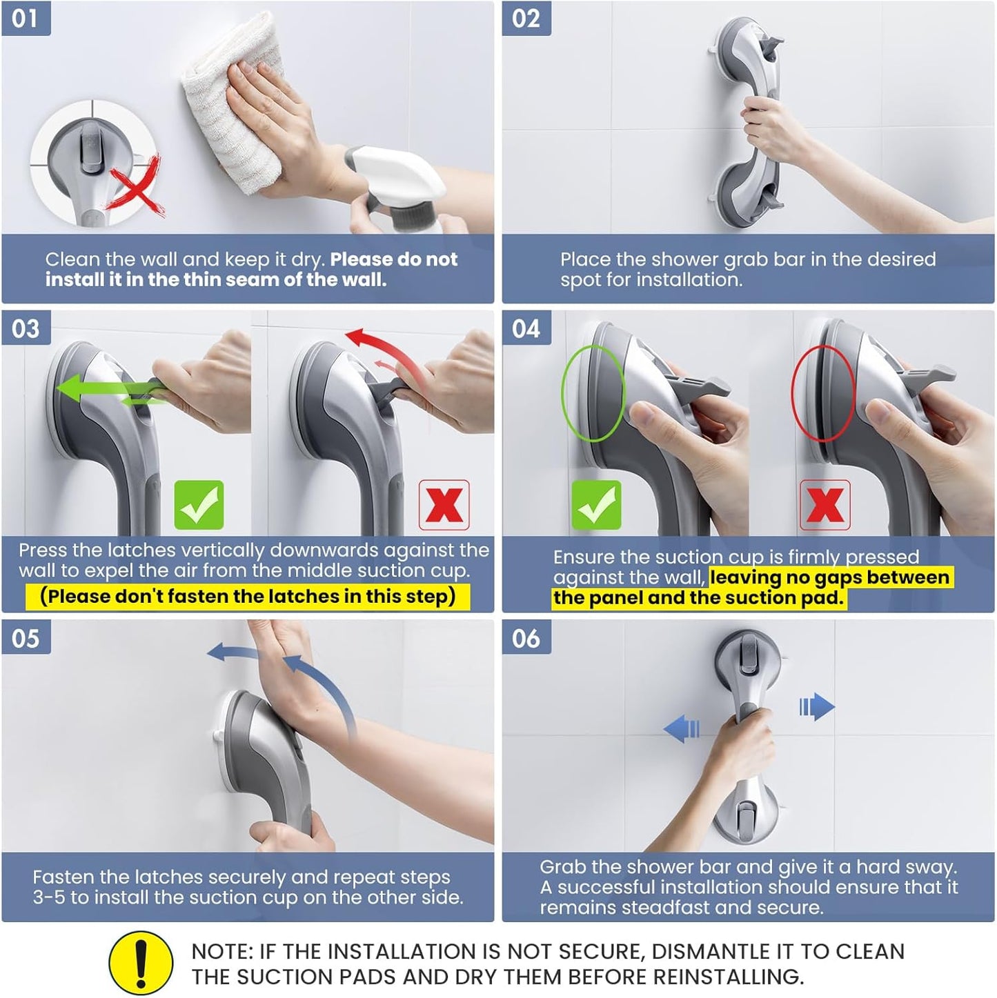 Shower Grab Bar Suction Cup 12 inch, 2 Pack Grab Bars for Bathtubs, Bathroom Safety Grip Shower Handle for Elderly and Seniors, Bath Handrails Removable Waterproof No Drilling Silver