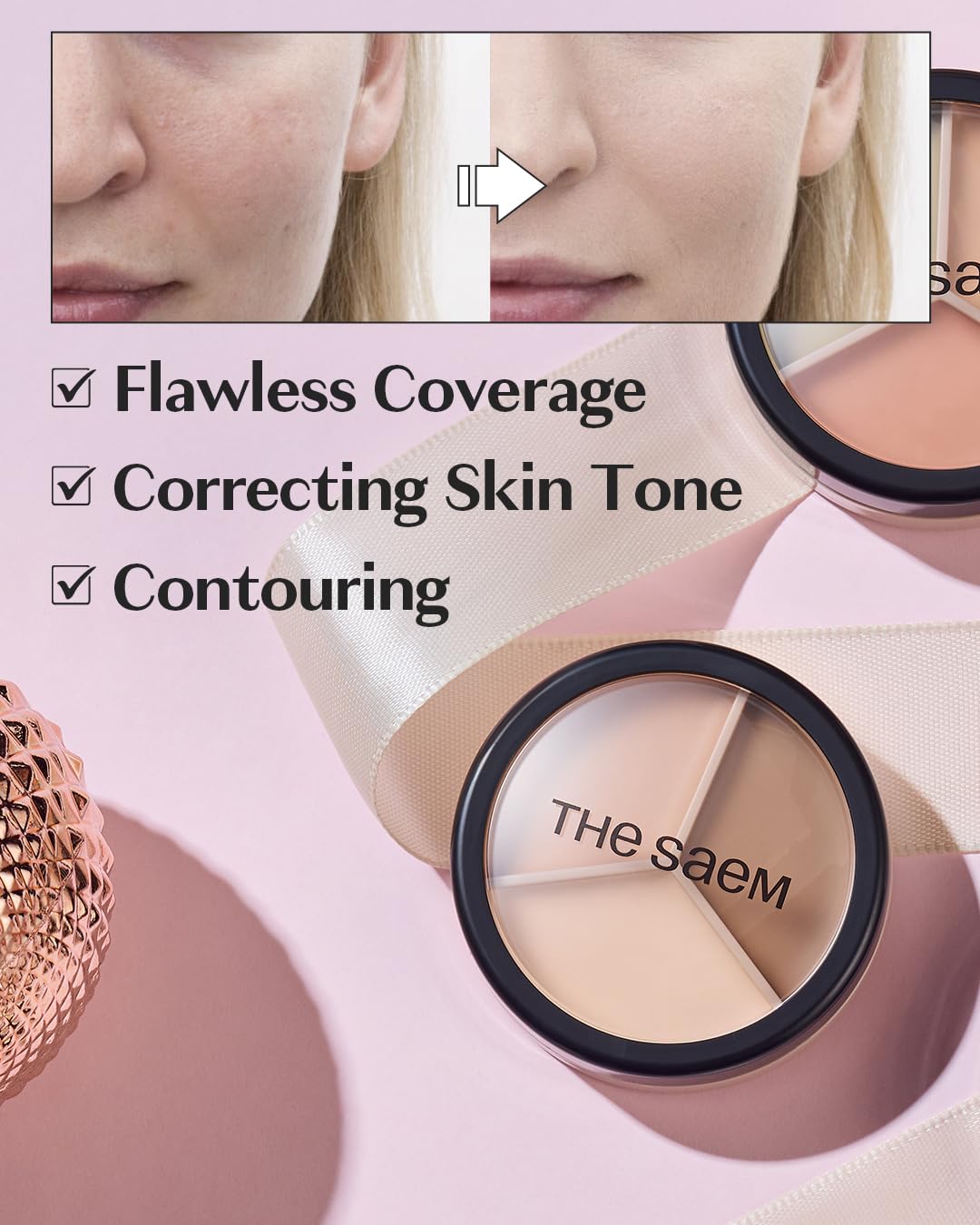 THESAEM Cover Perfection Triple Pot Concealer – 3 Color Concealer with Full Coverage Natural Beige Shade Covers Blemishes Spots, Highlighter & Contouring, 02 Contour Beige