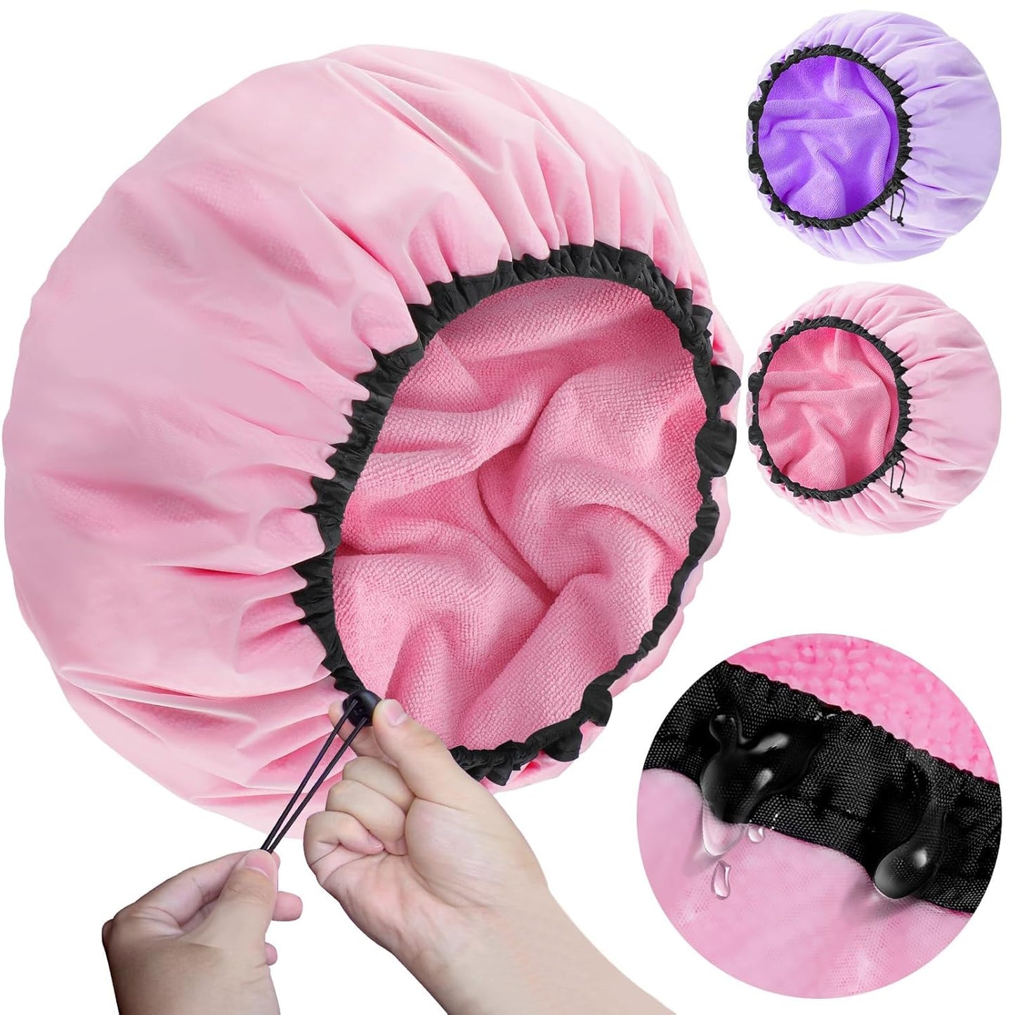 2 Pcs 16.5"Jumbo Adjustable Terry Cloth Lined Shower Caps for Long Hair & Braids, Extra Large Dual Waterproof Hair Cap for Women & Men, Reusable XXL for Dreadlocks, Locs