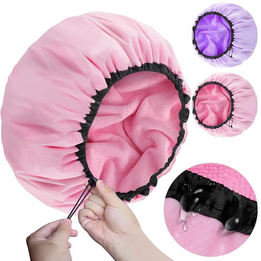 2 Pcs 16.5"Jumbo Adjustable Terry Cloth Lined Shower Caps for Long Hair & Braids, Extra Large Dual Waterproof Hair Cap for Women & Men, Reusable XXL for Dreadlocks, Locs