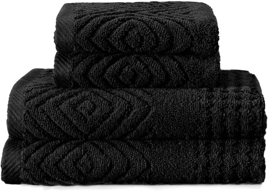 Texere 100% Organic Cotton Diamond Jacquard 700 GSM Luxury Bath Towel Sets - Ultra Soft and Absorbent Hotel and Spa Quality (Diamond, Black, 2 Hand & 2 Wash Towels)