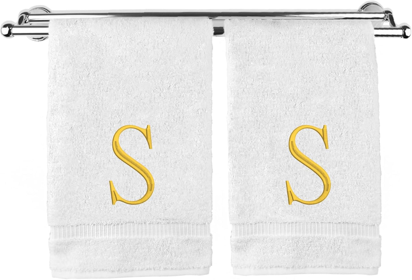 Monogrammed Hand Towel, Personalized Initial Gift, Extra Absorbent 100% Turkish Cotton - Soft Terry Finish - Set of 2 - Gold Block Initial S - Embroidered on White Towels