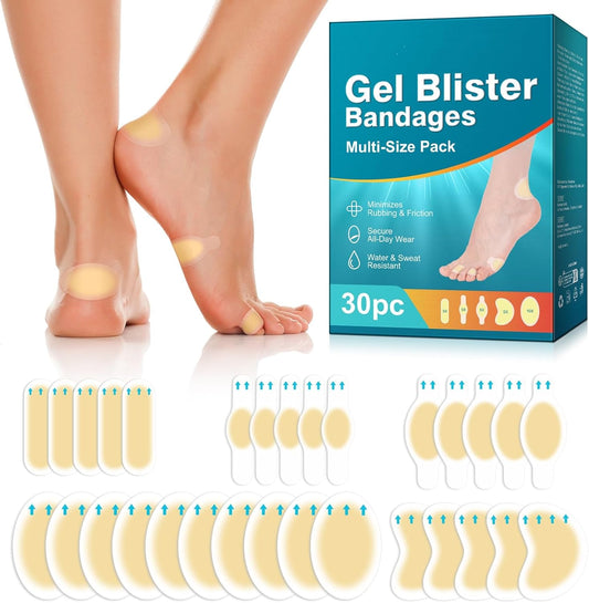 Gel Blister Bandages for Feet, 30ct Water-Resistant Hydrocolloid Bandages for Foot, Toe, & Heel, Blister Pads for Prevention & Recovery