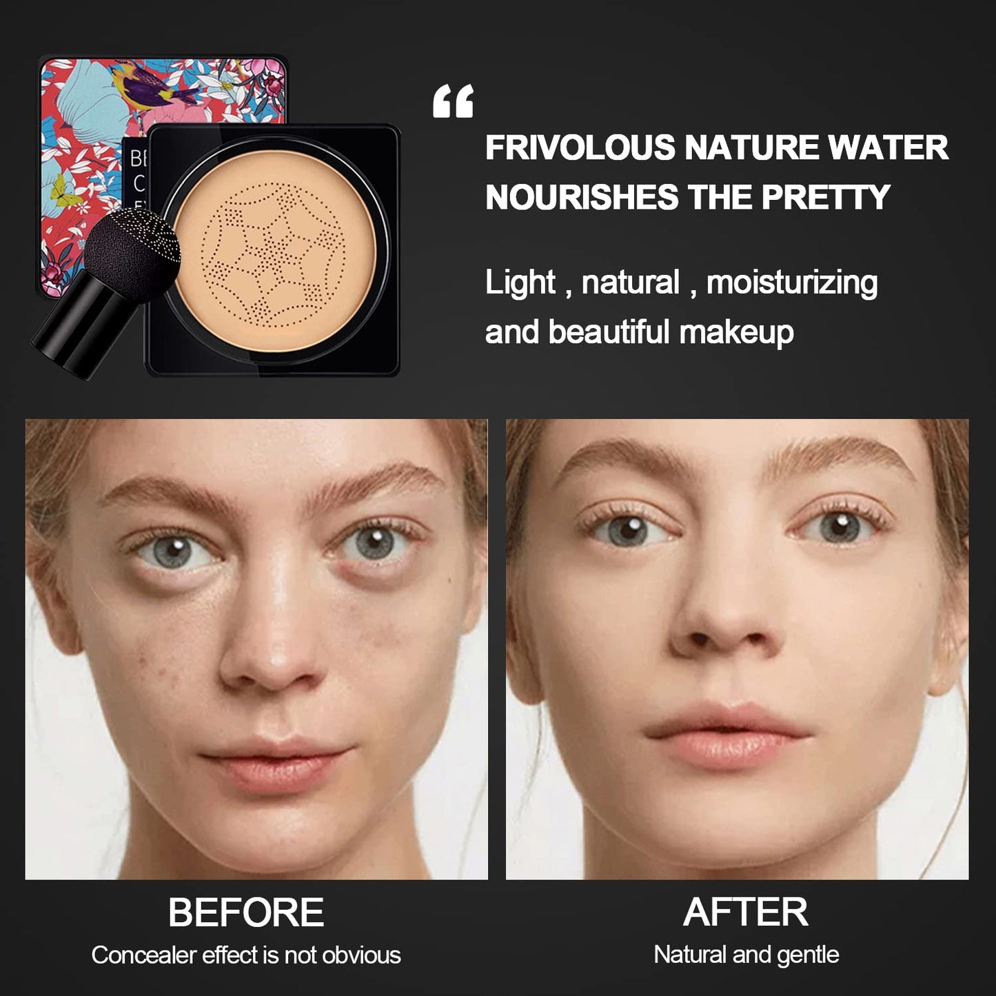 NUIBO 2PCS Air Cushion CC Cream Mushroom Head, Moisturizing Concealer Makeup Base, Primer Liquid Foundation Long Lasting with Two Mushroom Makeup Sponges 【1 X Natural & 1 X Ivory】