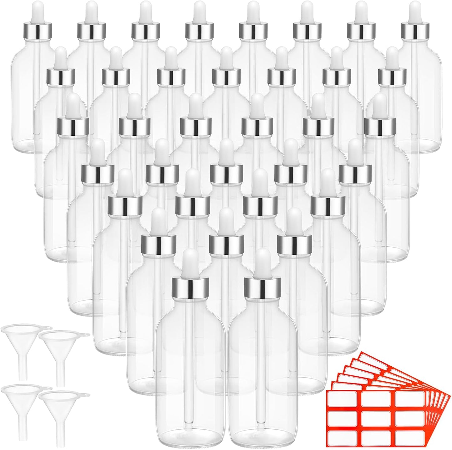 Dandat 50 Pack 4 oz Glass Dropper Bottles Leakproof 120 ml Glass Tincture Bottles with Eye Droppers, 4 Funnels, 54 Labels for Essential Oil Perfumes Hair Oil(Transparent)