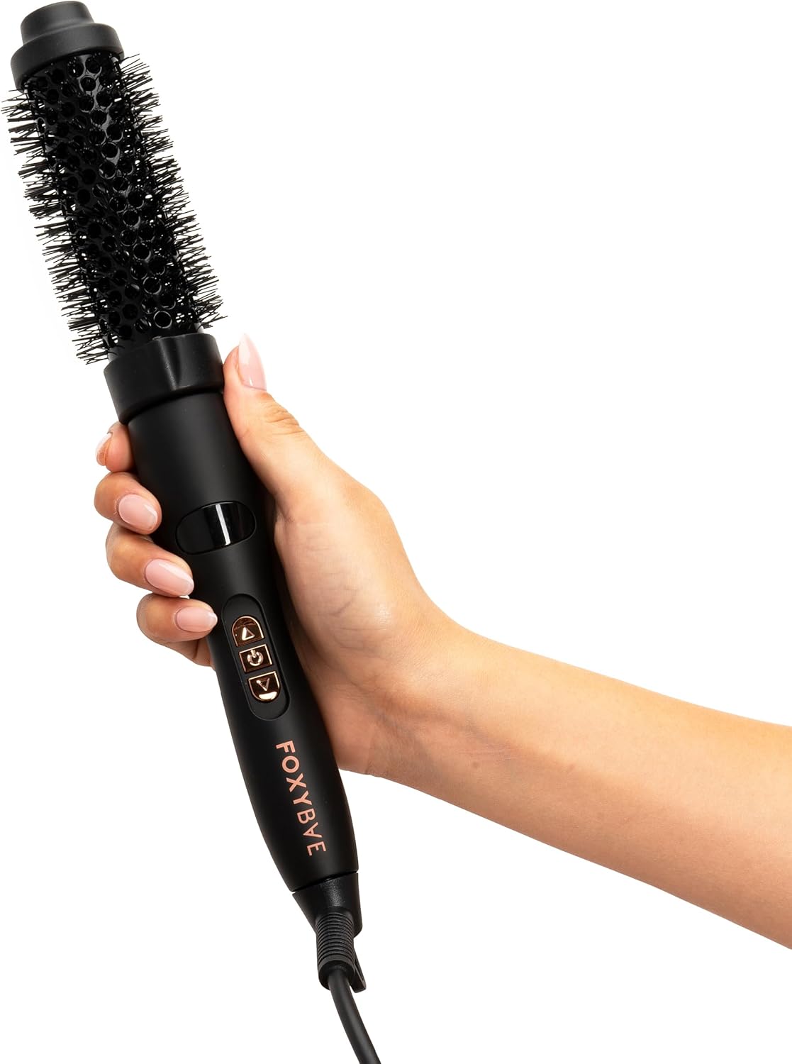 FoxyBae Curling Round Brush 1.25" - Heated Ceramic Tourmaline Multi-Styler Thermal Hair Straightener & Curler - for Frizz Free and Voluminous Hair (Black Rose-Gold)