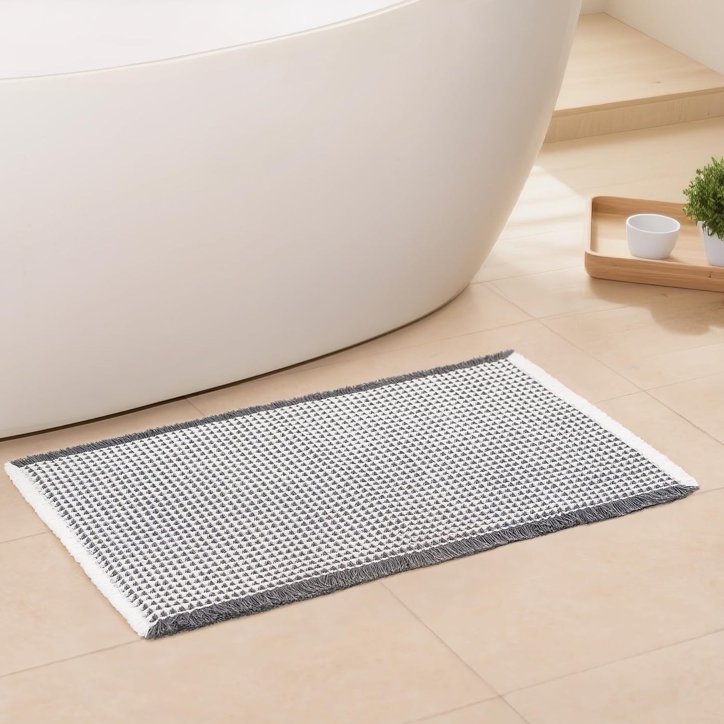Waffle Bath Mat - Boho Bathroom Rugs Non Slip Washable, Super Absorbent & Quick Dry, Small Bath Mats Farmhouse Bathroom Decor, 18'' x 30'', Dark Grey and White