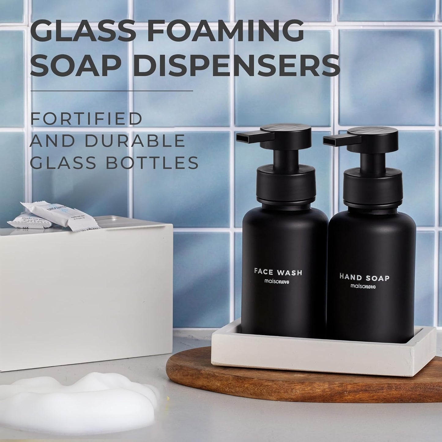 MaisoNovo Glass Foaming Soap Dispenser | Black Glass Black Pumps x 2 with Tray