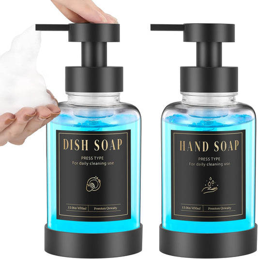 Luxspire Foaming Soap Dispenser, Glass Foam Pump Soap Dispenser, Non-Slip Hand Soap Dispenser with 5 Waterproof Labels, 15 Oz Refillable Liquid Soap Dispenser for Bathroom & Kitchen, Clear, 2 Pack