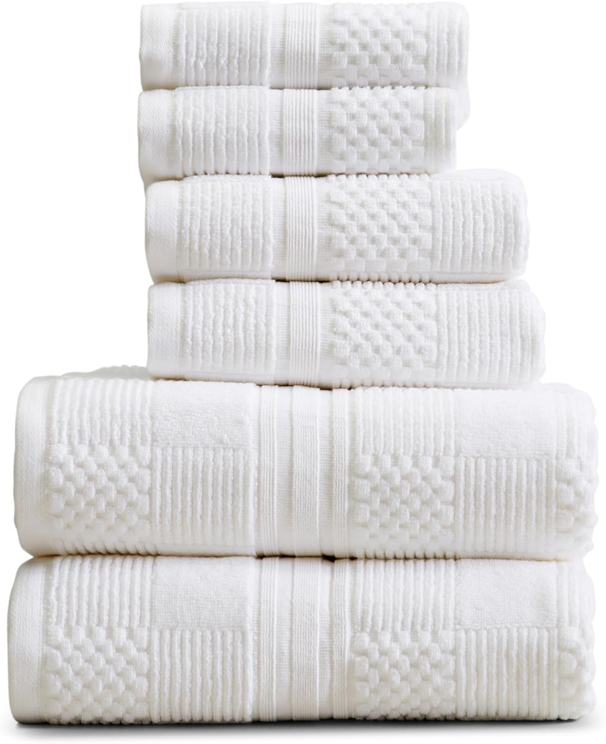 Springtree Home 100% Cotton Bathroom Towel Set | 6 Piece Set - White Towels | Geometric Textured Design | Absorbent & Quick-Dry | Oeko-TEX® Standard 100 Cotton | Myla Collection - White
