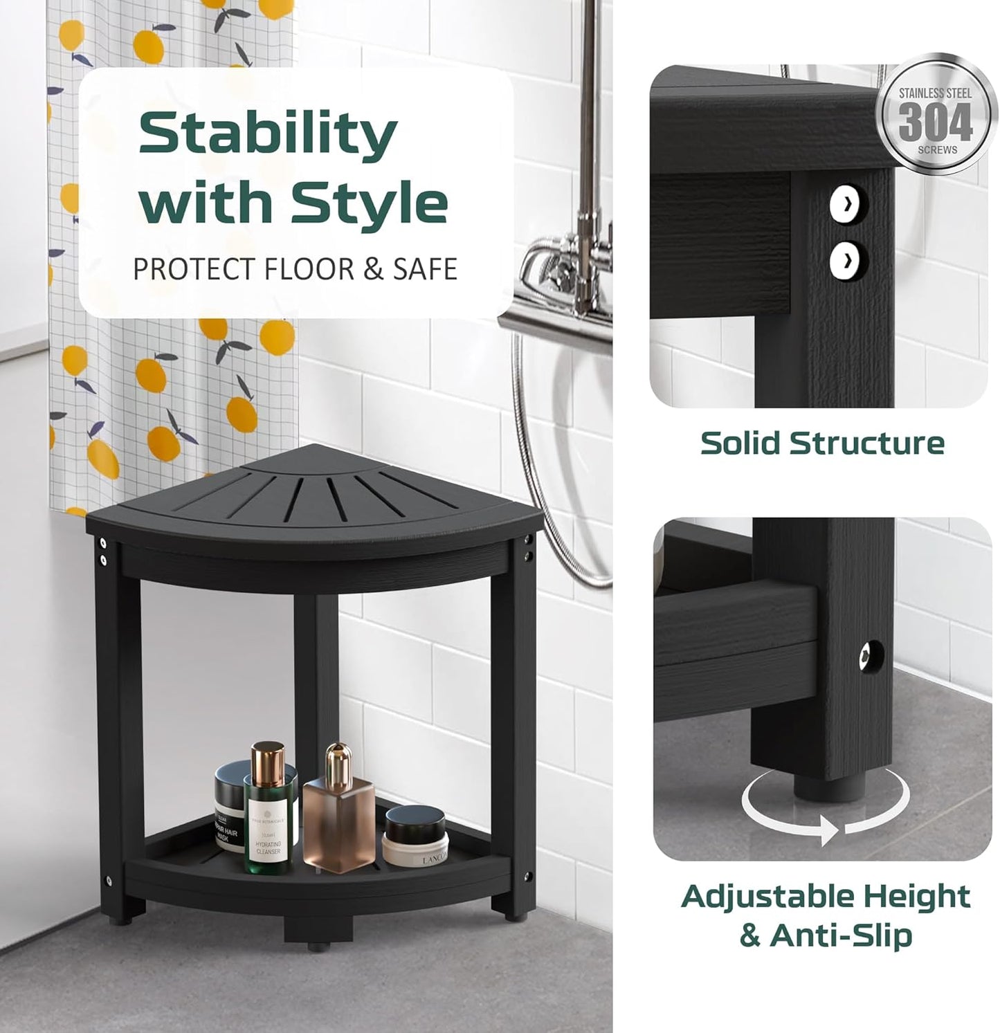 Corner Shower Stool for Inside Shower, HIPS Waterproof Shower Bench Seat Chair, Plastic Bath Shower Stool for Shaving Legs Foot Rest with Storage Shelf, Adjustable & Non-Slip Feet, Black