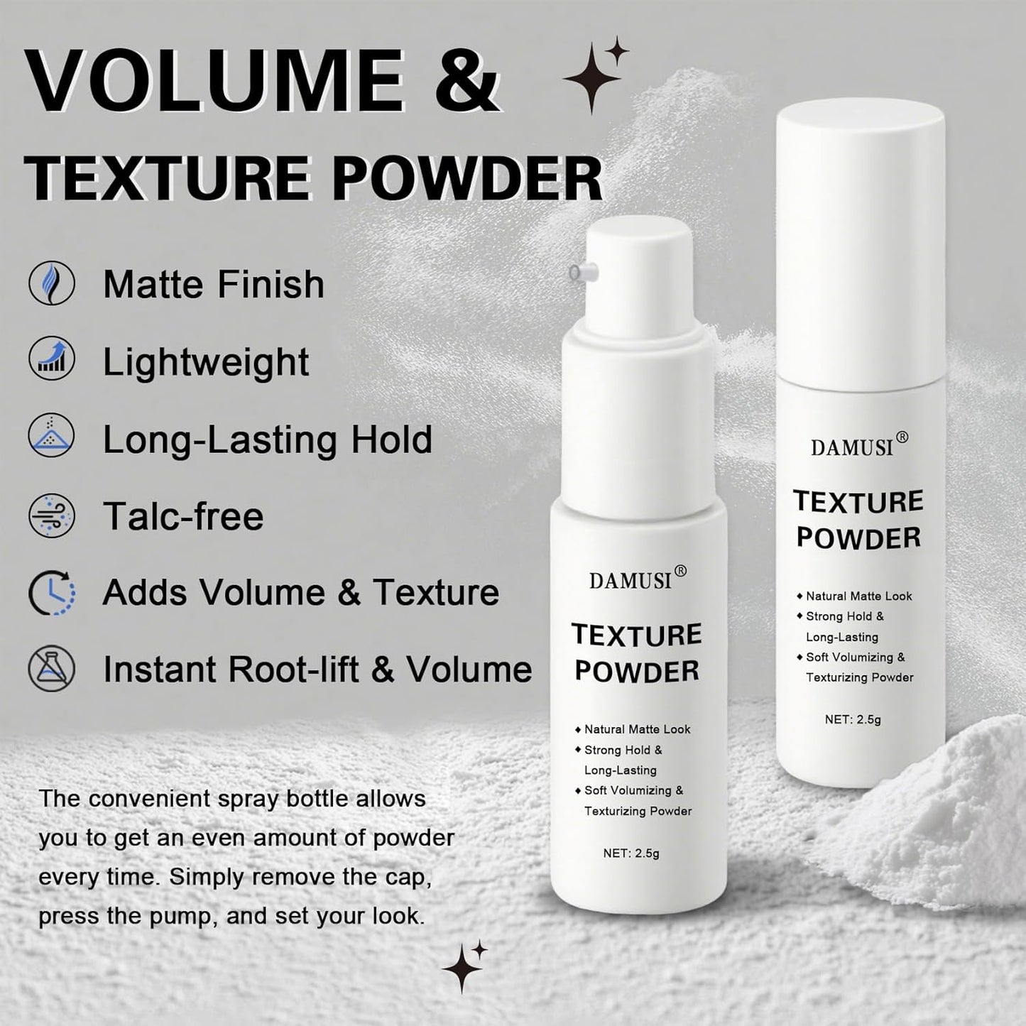 DAMUSI Hair Texture Powder Spray - Lightweight Volumizing and Texturizing Powder for Men & Women, Matte Finish Natural Look Mattifying Hair Volume Styling powder All-Day Hold