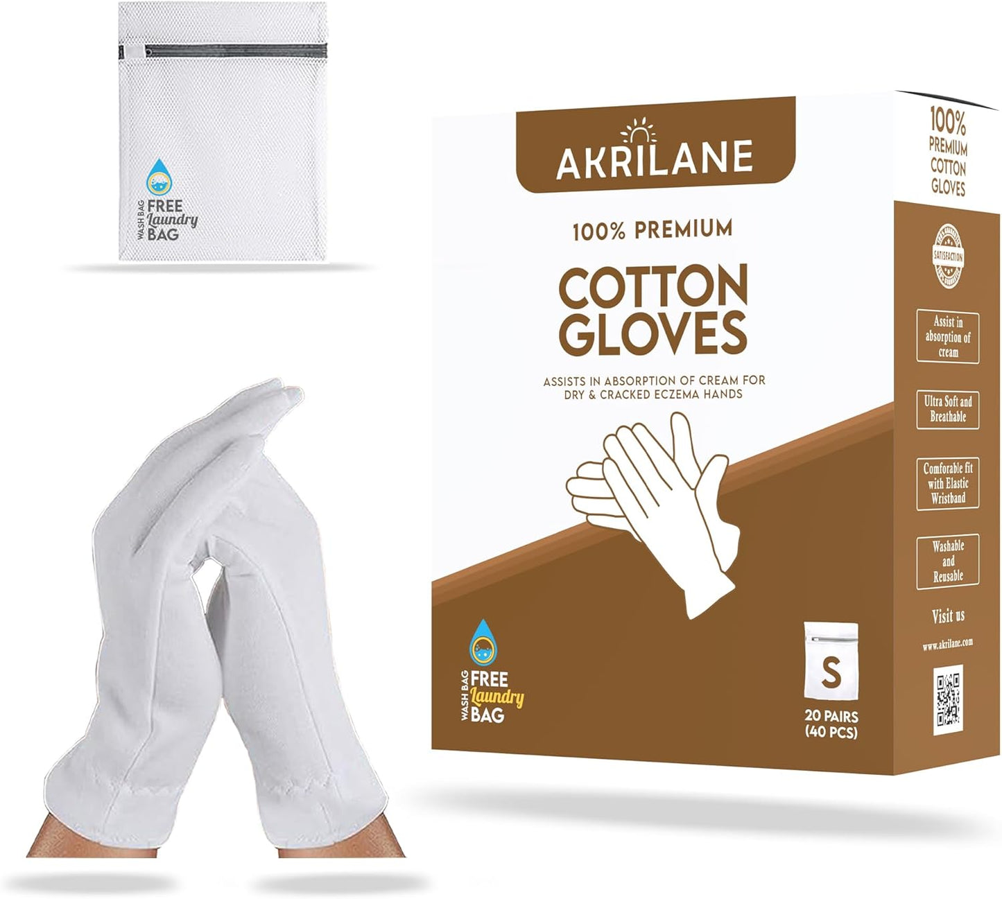 S Small 20 Pairs 100% Premium Cotton Gloves for Dry Hands | Moisturizing Overnight Gloves for Eczema, Psoriasis & Skin Spa Treatment for Women & Men | Washable & Reusable with Free Laundry Bag