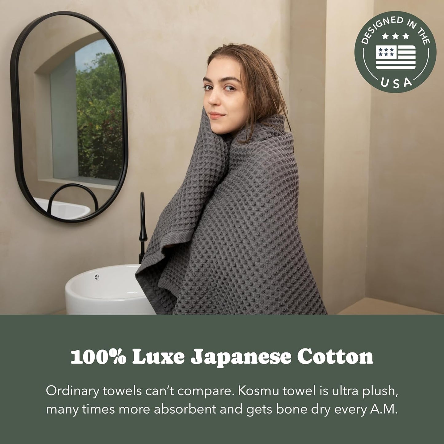 Luxury Japanese Cotton Waffle Bath Towel | Plush, Absorbent, and Quick Dry | Free Storage Bag Included (Smoke Grey, Bath Sheet Set (3-Piece))